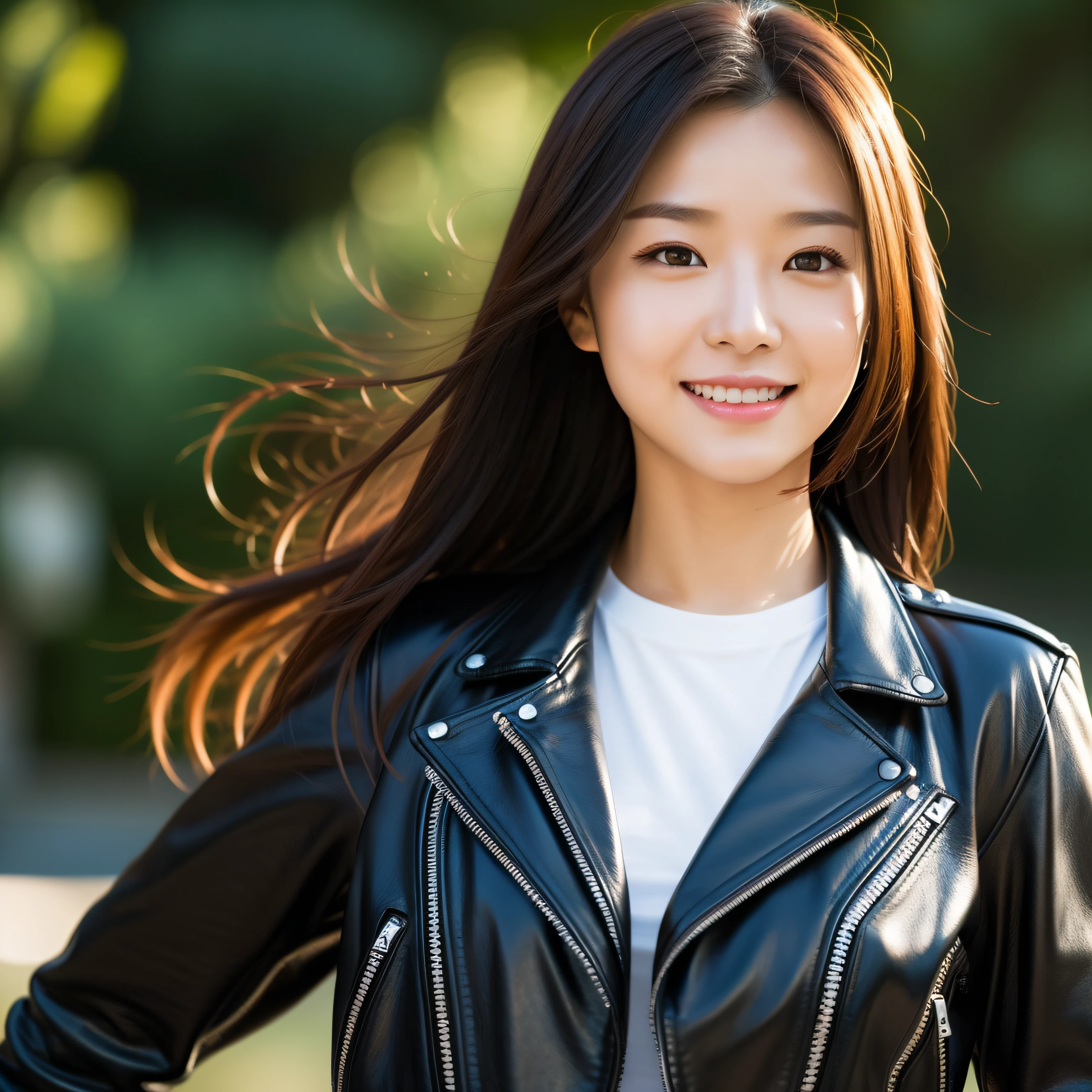 ultra-detailed, 1 girl, Asian, athletic body, realistic skin texture, long hair, (breasts:0.9), smile, gaze at viewer, motorcycle, leather jacket, cotton T-shirt, no helmet, movie lighting, face focus, fine eyes, finerly detailed face, well lit face, sunny day