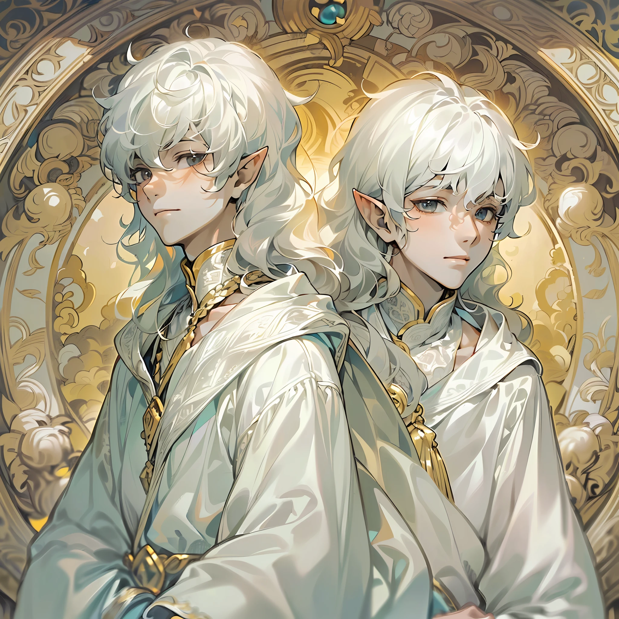 two  boys, (((twins))), ((they are identical twins)), (((male))), (slim body), (((flat chest))), ((pointy ears)), (((they both have white colored skin))), ((porcelain skin)), ((marble skin)), (((white-skinned))), (((white skin))), ((very pale skin)), (((black colored eyes))), (((black eyes))), ((their eye color is black)), (((their hair color is white))), (((their skin color is white))), (((both boys have white colored hair))), (((they both have white hair))), (((both boys have very long hair))), (((their hair is very long and wavy))), (((poofy hair))), (fluffy hair), (((wavy hair))), (((fantasy style))), (wearing long fantasy robes), (flowy robes), (long robe), ((wearing similar clothes)), (matching robes), (gold colored lace), (christian inspired), ((fantasy patterns on clothes)), ((magical patterns)), warm light, inside a fantasy temple, ((both boys have identical hair)), (((both boys have identical faces))), ((the two boys look extremely similar)), covered up, stars decoration, sun moon decoration, (((both boys have white colored skin like marble))), (((both boys are white-skinned))), ((they both have cute faces)), they are smiling