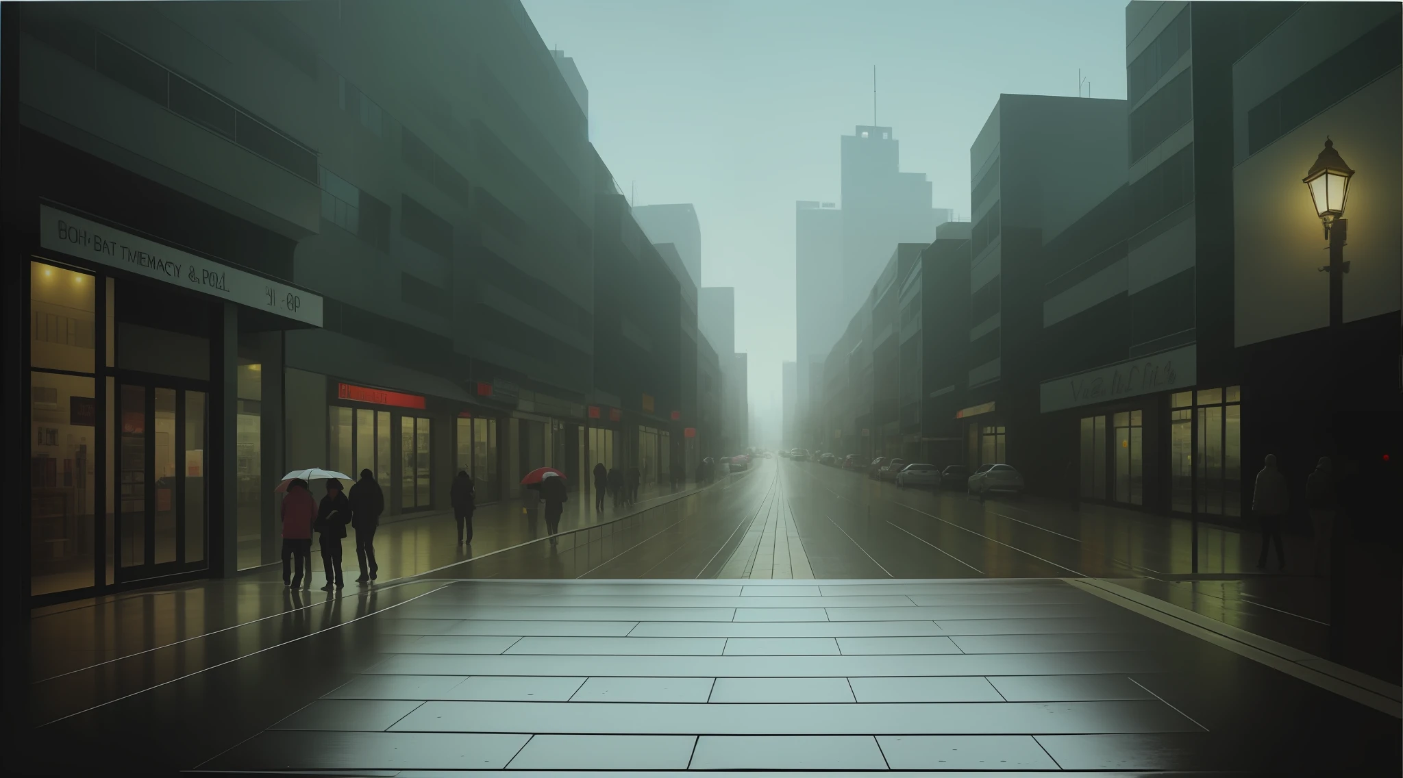 urban street scene,Human eye perspective,The perspective is on the street,Off the street,Next to the store,low perspective,Look up,The is very detailed,high qulity,high detal,lightand shade contrast,water stain,background defocusing,中景 the scene is,Perspective drawing,rained,Hyper Real,The sidewalk is the main viewpoint,Manhole covers,The Car,Sidewalk fencing,There are no buildings on the right side of the frame,cold shades,A mother and son,Young children,Composition of thirds,Two roads,Sidewalks and highways,little bit of raining,Only the building on the left,View on the sidewalk,The sidewalk is fenced,Next to the road,There are cars on the road,The vista is a tall building,Traffic light intersection,Manhole covers