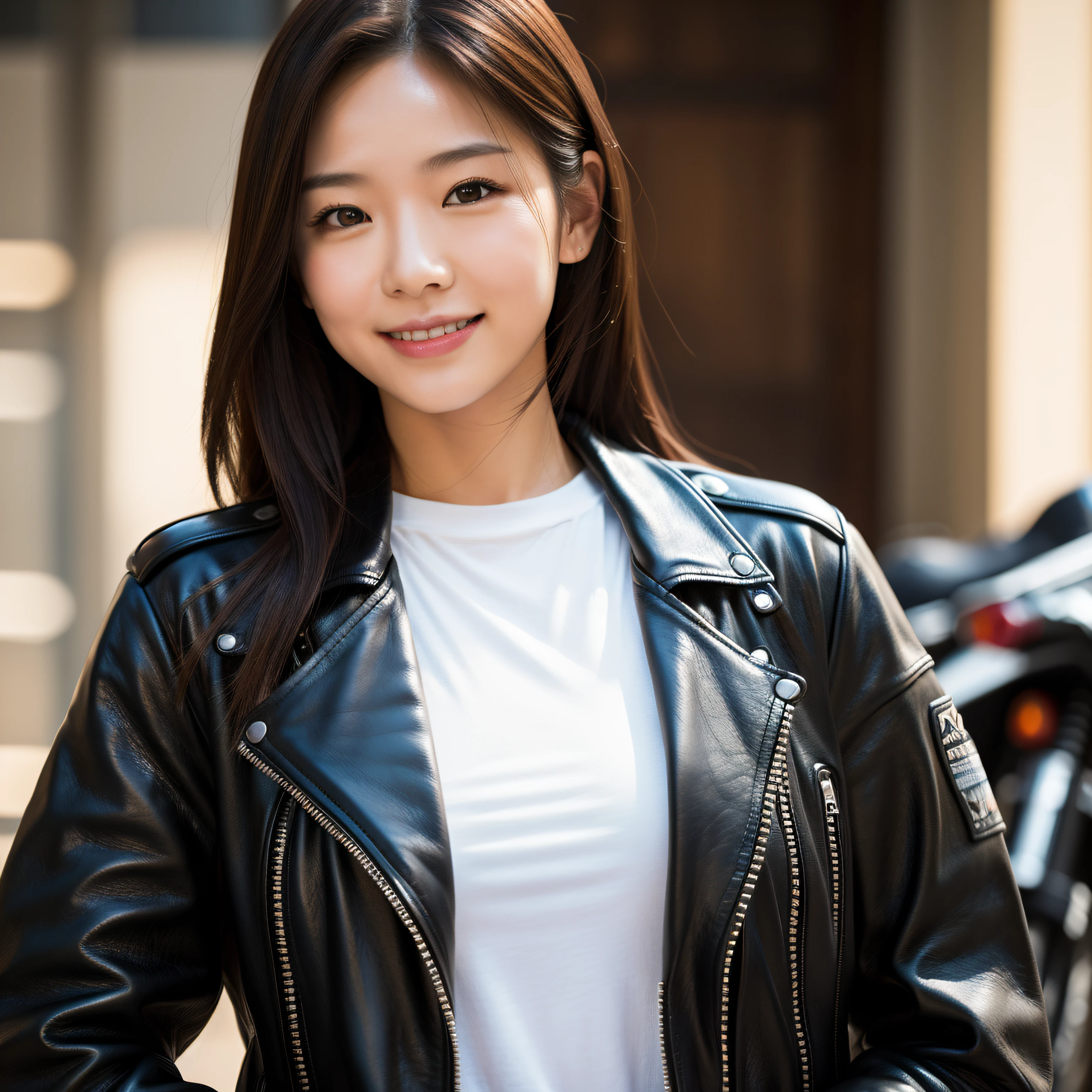 ultra-detailed, 1 girl, Asian, athletic body, realistic skin texture, long hair, (breasts:0.9), smile, gaze at viewer, motorcycle, leather jacket, cotton T-shirt, no helmet, movie lighting, face focus, fine eyes, finerly detailed face, well lit face, sunny day