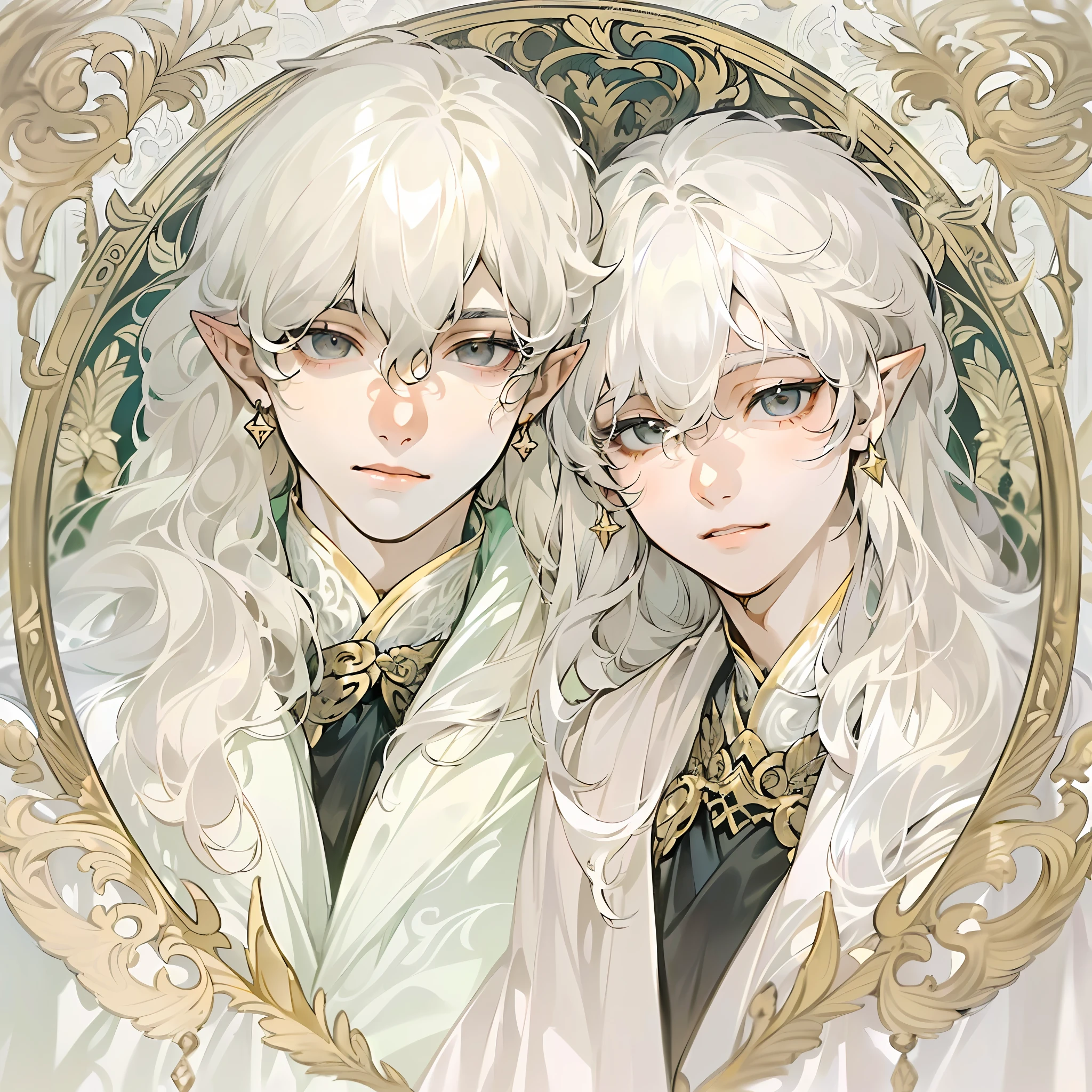 two teen age boys, (((twins))), ((they are identical twins)), (((male))), (slim body), (((flat chest))), ((pointy ears)), (((they both have white colored skin))), ((porcelain skin)), ((marble skin)), (((white-skinned))), (((white skin))), ((very pale skin)), (((black colored eyes))), (((black eyes))), ((their eye color is black)), (((their hair color is white))), (((their skin color is white))), (((both boys have white colored hair))), (((they both have white hair))), (((both boys have very long hair))), (((their hair is very long and wavy))), (((poofy hair))), (fluffy hair), (((wavy hair))), (((fantasy style))), (wearing long fantasy robes), (flowy robes), (long robe), ((wearing similar clothes)), (matching robes), (gold colored lace), (christian inspired), ((fantasy patterns on clothes)), ((magical patterns)), warm light, inside a fantasy temple, ((both boys have identical hair)), (((both boys have identical faces))), ((the two boys look extremely similar)), covered up, stars decoration, sun moon decoration, (((both boys have white colored skin like marble))), (((both boys are white-skinned))), ((they both have cute faces)), they are smiling
