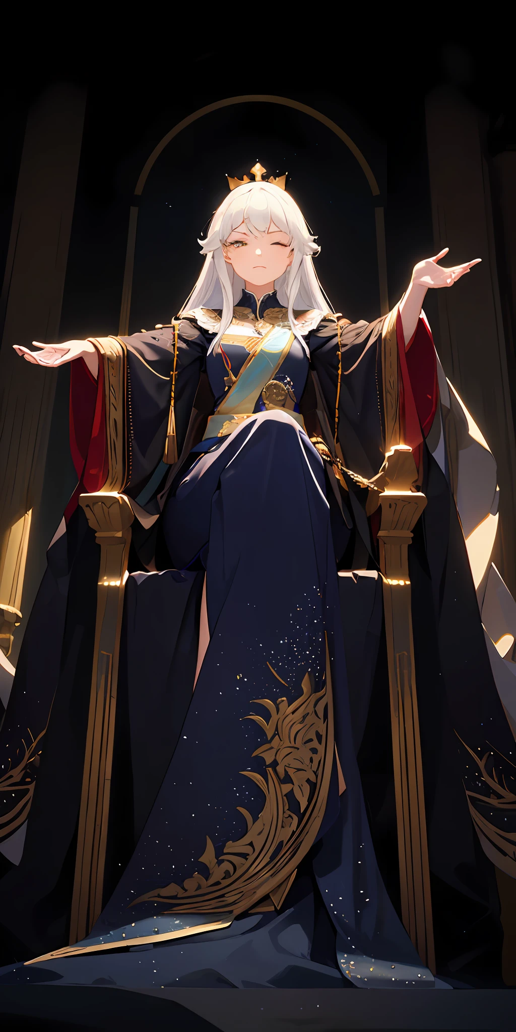 (Masterpiece:1.2), best quality, (illustration:1.2), (ultra-detailed), hyper details, (delicate detailed), (intricate details), (cinematic light, best quality Backlights), clear line, from below, soloist, perfect body, (1girl), white hair and yellow eyes, (emperor, black see-through clothes), (crown: 1.1), sitting on the throne, eyes slightly closed, head down, (shy: 1.2 ), (makeup), high contrast, (best illumination, an extremely create and beautiful), (cinematic light), colorful,