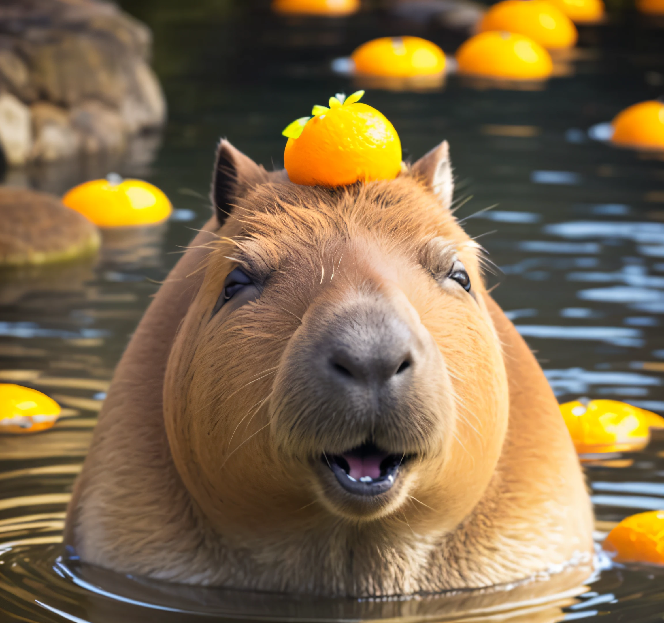 There was a capybara with a bunch of oranges on his head, capybara, Soak in the hot springs,anthropomorphic turtle,Big-eyed girl,grin,blue color eyes