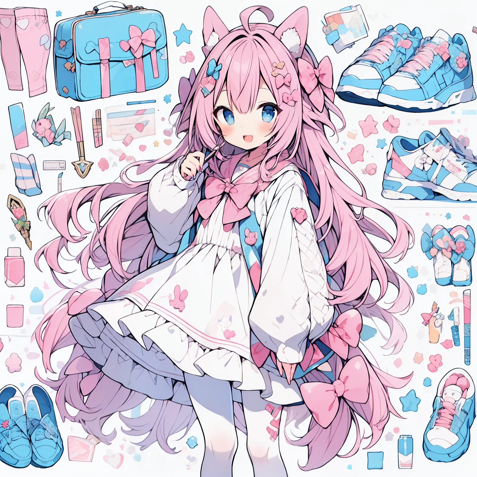 1girll, Animal ears, Pink hair, Long hair, Rabbit, Open mouth, Smile, Rabbit ears, bow, Solo, White background, dress, Pantyhose, the wall, Blue eyes, view the viewer, :D, full body, Simple background, nail polish, streaked, Holding, Arm raised, Goodbye to hair accessories, hairstyles, Long sleeves, Puffy sleeves, Watercolor footwear, shoes, Blue footwear, Jumps, Animal, Blush, argyle, Star (symbol), holding wand, Very long hair, ribbon,