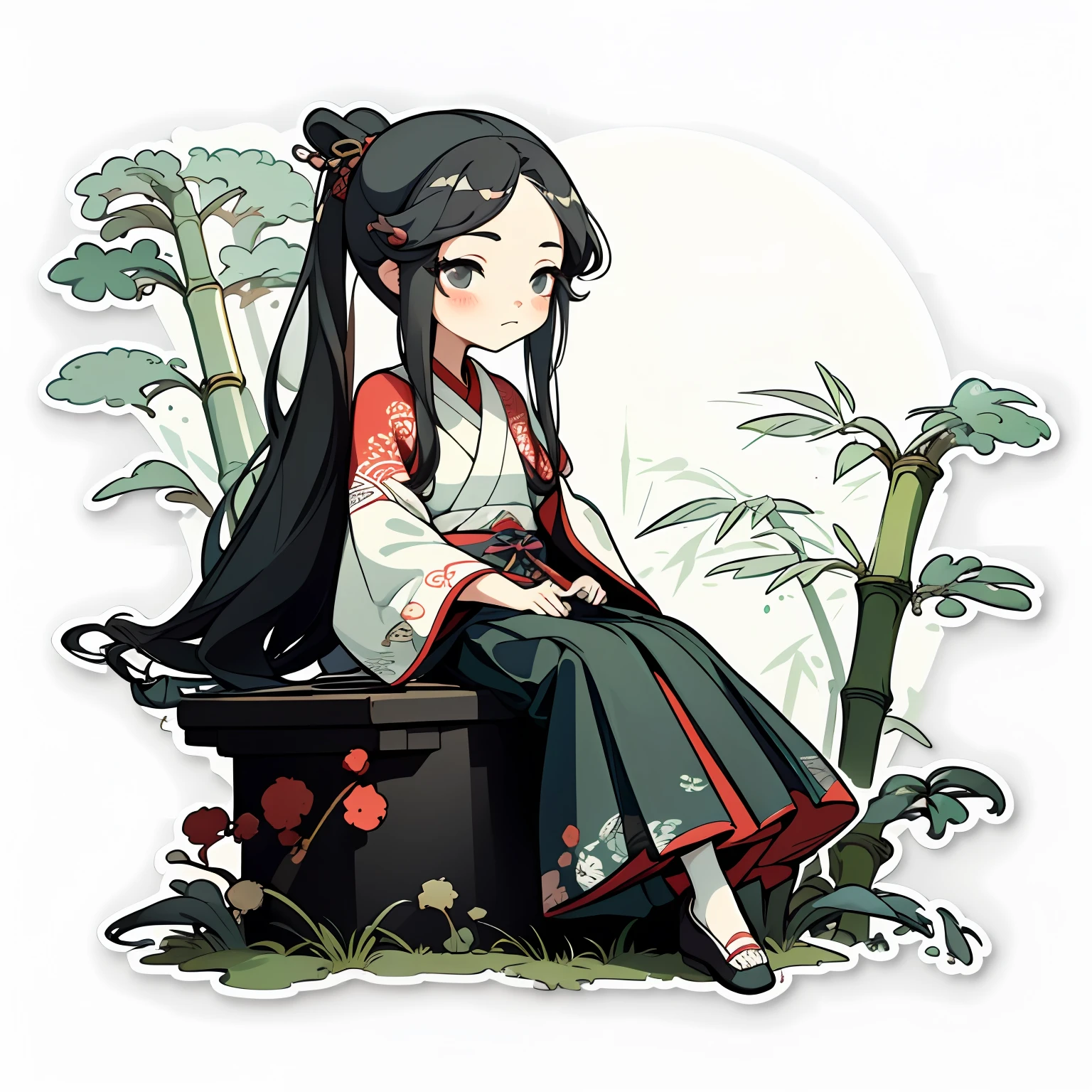 1 sticker, handbook, (sticker, 1 girl, Chinese Ming Dynasty clothes, gorgeous collar top, pleated long skirt, hanfu, embroidery, hairpin, bamboo, moss, pavilion), watercolor, white background, simple background, minimal, cute, tiny, pastel color, vector style, no gradient,
