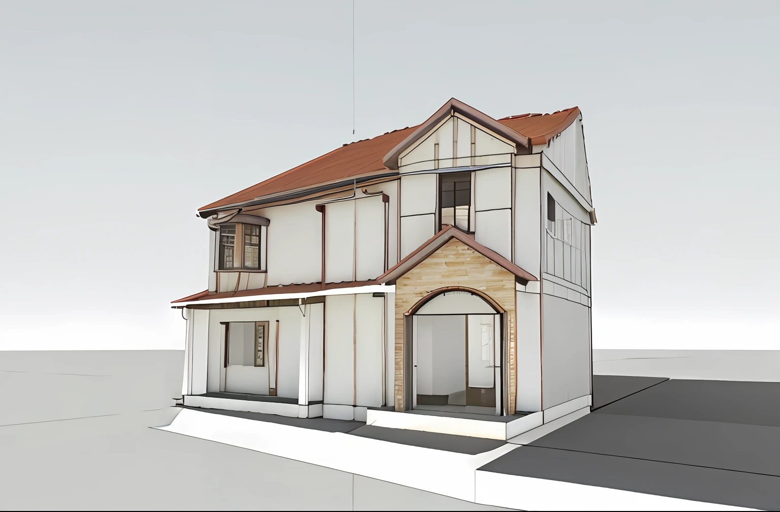 a rendering of a two story house with a red roof, front view dramatic, frontview, 3/4 view realistic, front elevation view, sketch - up, front-view, 3 d rendering, 3d rendering, 3 / 4 view, 3/4 view, 3/4 view from below, with 3 d render, with 3d render