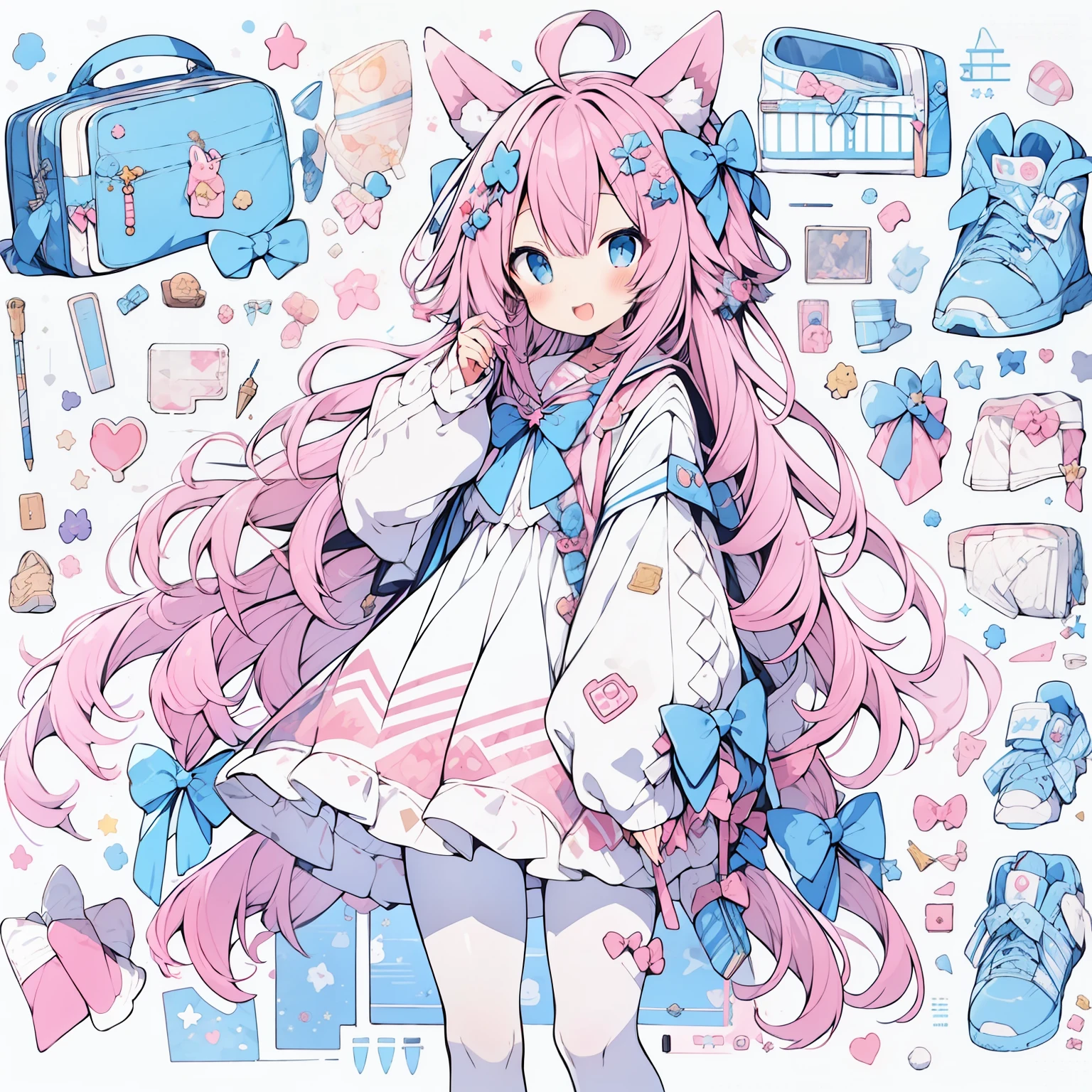 1girll, Animal ears, Pink hair, Long hair, Rabbit, Open mouth, Smile, Rabbit ears, bow, Solo, White background, dress, Pantyhose, the wall, Blue eyes, view the viewer, :D, full body, Simple background, nail polish, streaked, Holding, Arm raised, Goodbye to hair accessories, hairstyles, Long sleeves, Puffy sleeves, Watercolor footwear, shoes, Blue footwear, Jumps, Animal, Blush, argyle, Star (symbol), holding wand, Very long hair, ribbon,