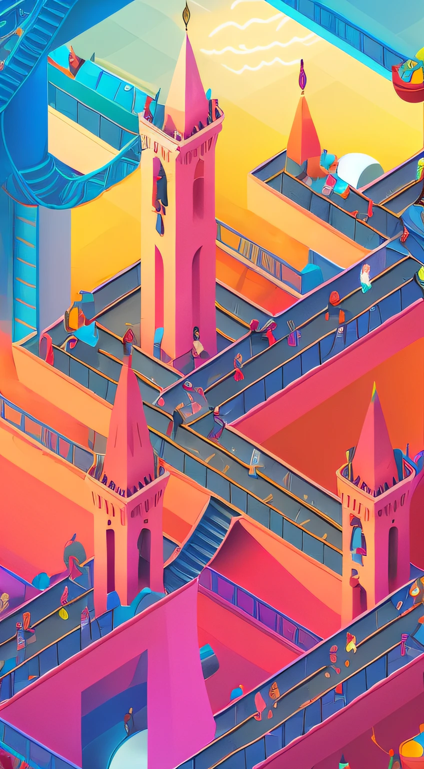 Monument Valley Style 2.5D illustration,roller coasters,Pantone pink,Dream of the future sky garden,Creative wide-angle composition,Don't show up characters,The steps are noticeable,The diamonds are clearly defined