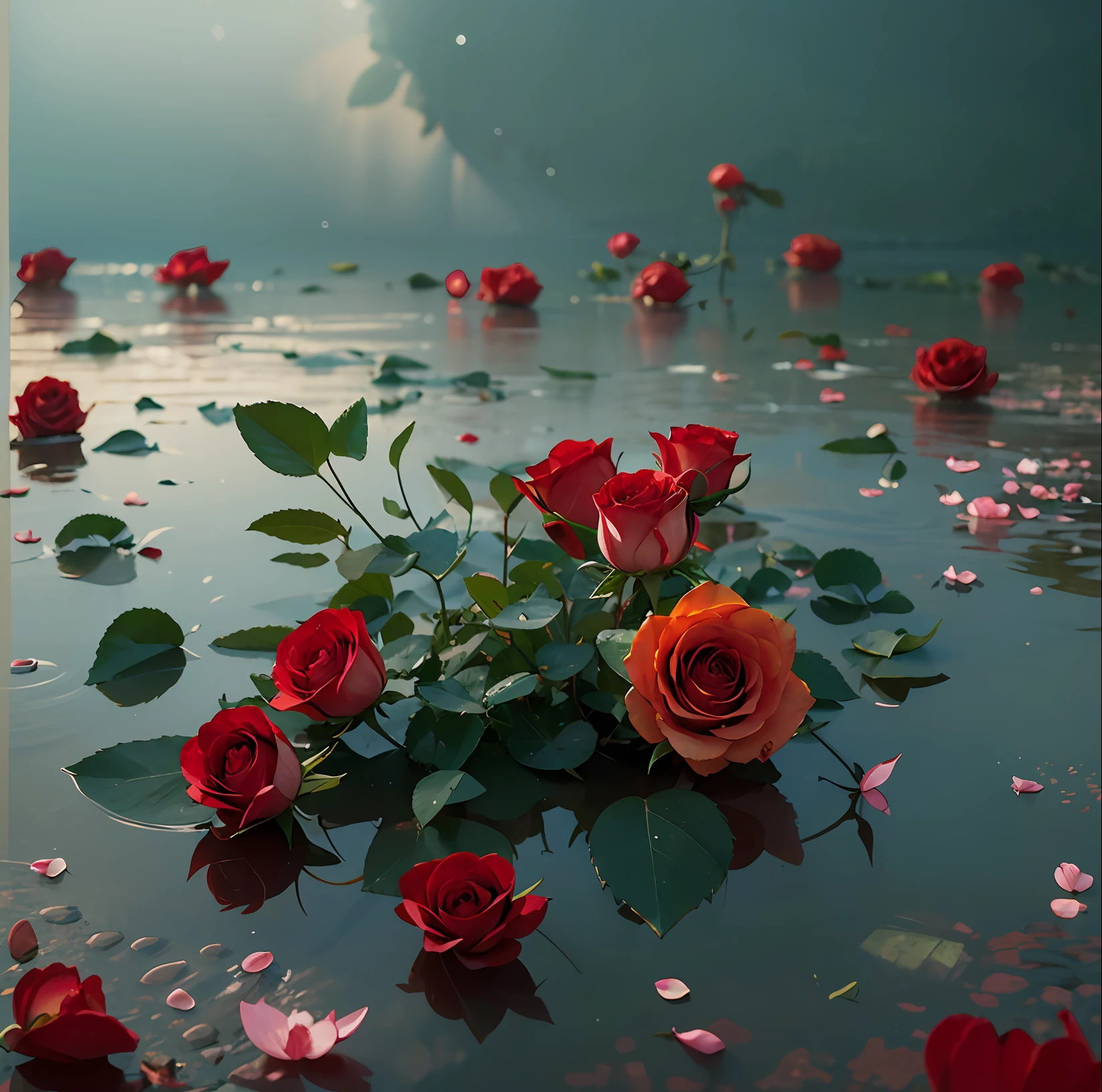 look from down, Above is the sky, morningglow, thin fog, In the distance are mountains, Below is the hillside, A red rose, Porcelain petals, There are crystal clear water droplets on the petals, (There are water droplets on the petals), Green flowers and leaves, Water droplets on flowers and leaves, (Realiy), Roses make up one-tenth, From below, Depth of field, High detail, back lit lighting, 4K, Masterpiece, ccurate, High quality