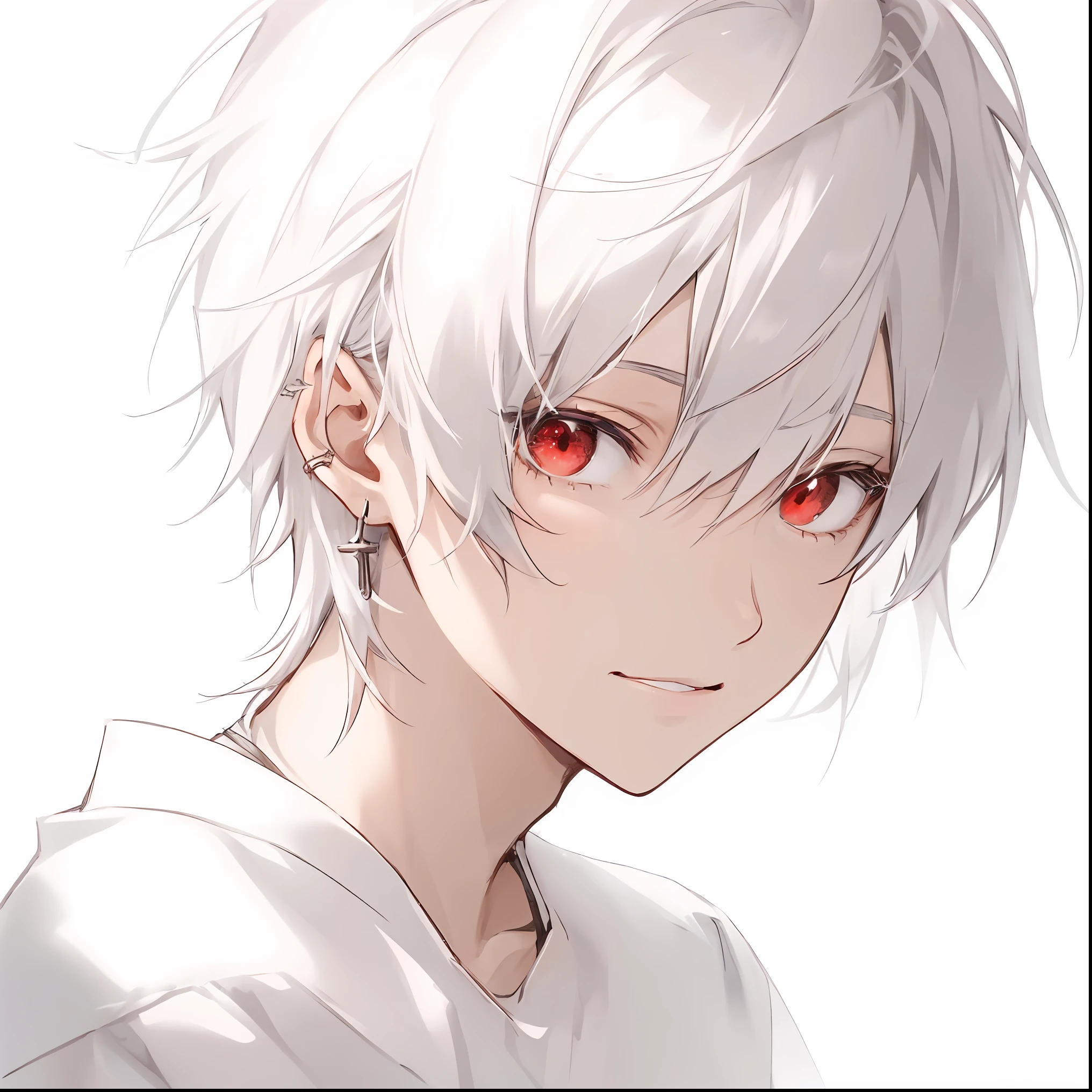 Anime boy with white hair and red eyes staring at the camera, glowing red eyes