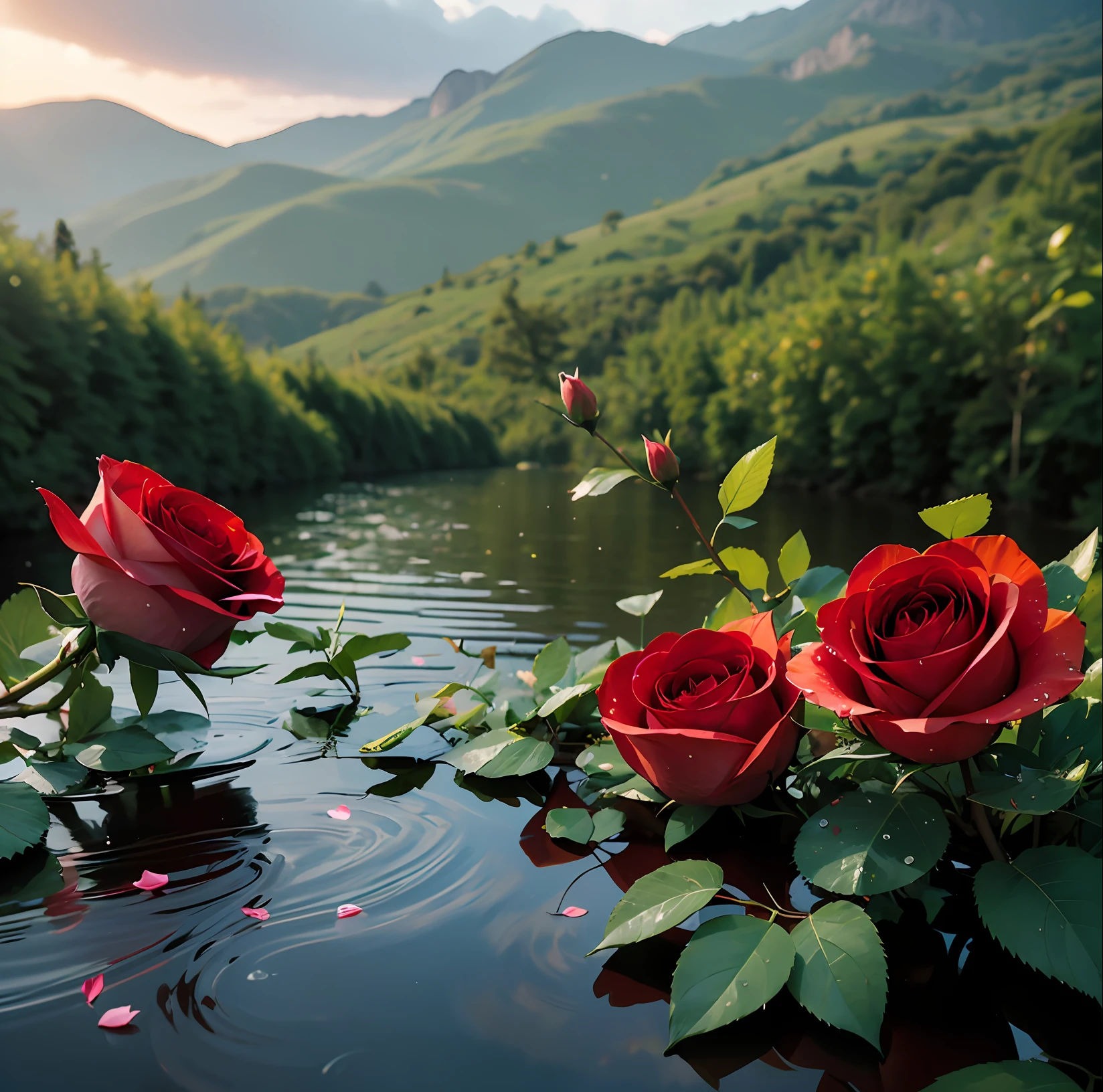 look from down, Above is the sky, morningglow, thin fog, In the distance are mountains, Below is the hillside, A red rose, Porcelain petals, There are crystal clear water droplets on the petals, （There are water droplets on the petals）, Green flowers and leaves, Water droplets on flowers and leaves, （Realiy）, Roses make up one-tenth, From below, Depth of field, High detail, back lit lighting, 4K, Masterpiece, ccurate, High quality