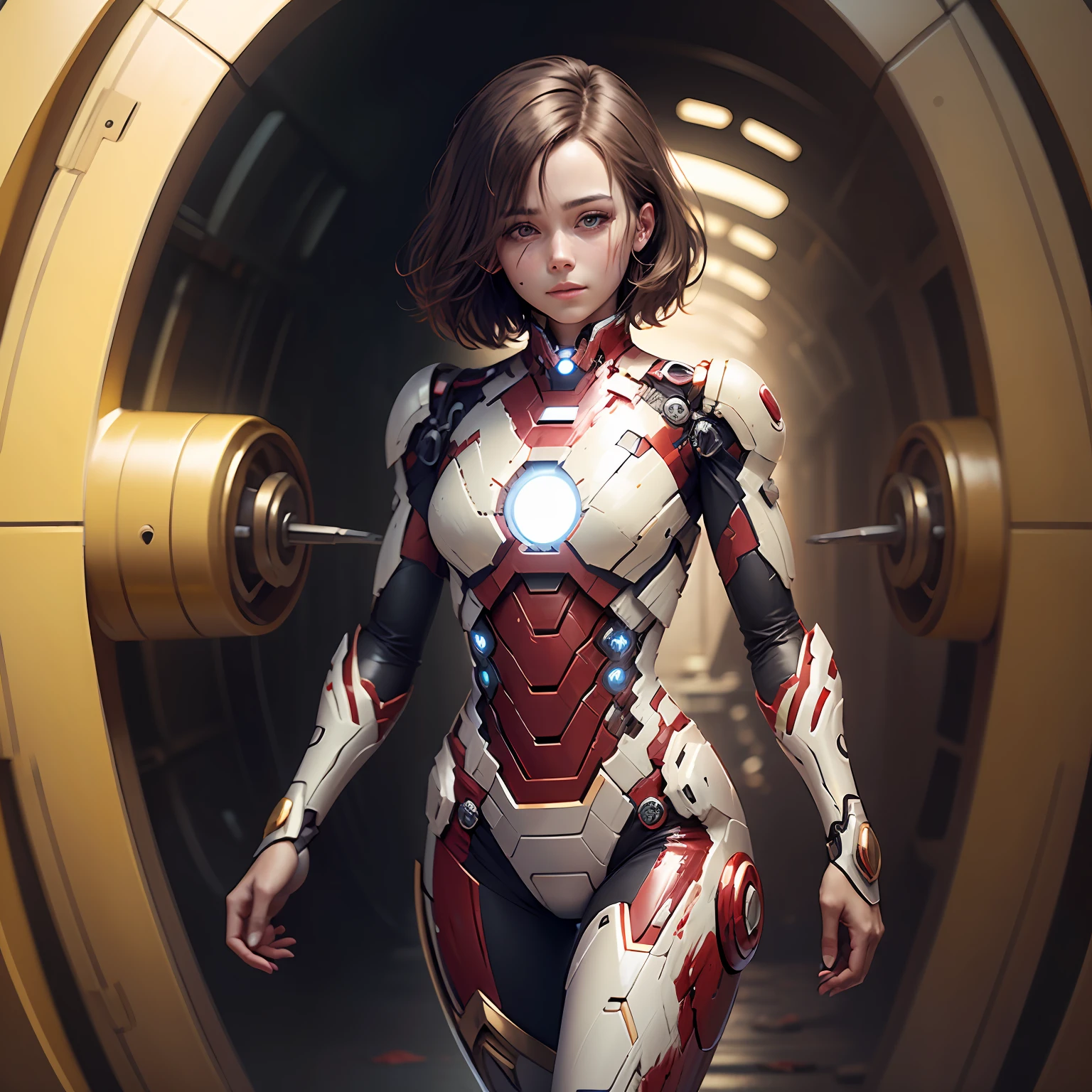 brunette color hair，shoun，Yellow people，The skin is very white，short detailed hair，Wearing a black and white Iron Man suit，Expose the head，Be covered in blood，ssmile，Gentle eyes，Heads-up，background battlefield，Details maniac，Need，God's work --auto