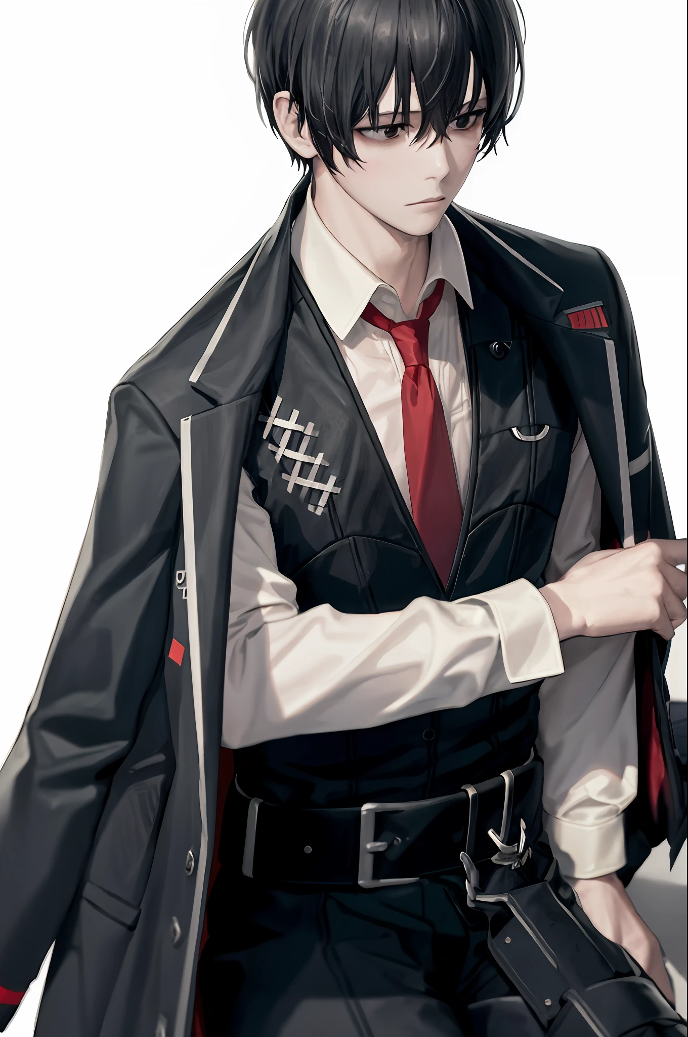 soft lightning, (Masterpiece, Best quality), yisang_limbus, default_Outfit, 1boy, Solo, red necktie, Black jacket, Black vest, jacket on shoulders, White shirt, Collared shirt, Black pants, Sitting, looks away, (greybackground:1.2), Simple background,