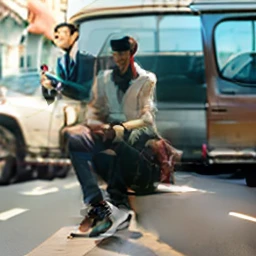 there is a man sitting on a small vehicle with a cell phone, stylish pose, very very low quality picture, very artistic pose, with a cool pose, full body picture, by Odhise Paskali, artistic pose, cool pose, full body photogenic shot, dressed in a jodhpuri suit, wearing only pants, around 1 , posing