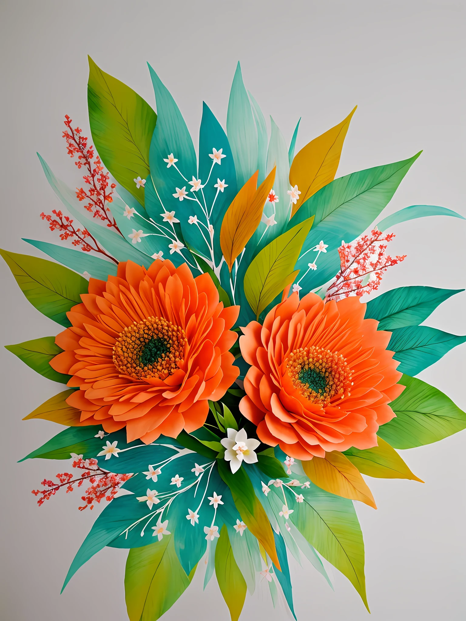 sobre fondo blanco, pinceladas suaves realistas y detalladas de acuarela, Flores de boda: rosas, eucalipto, Tema: boho color: naranja, burdeos, verde, azul Textura: romantic, Forma: ramo