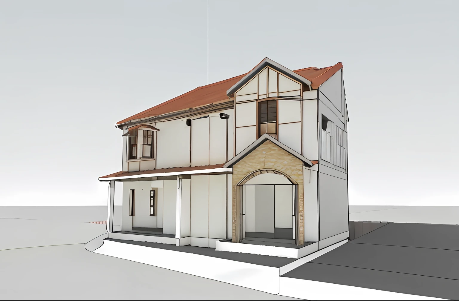 a rendering of a two story house with a red roof, front view dramatic, frontview, 3/4 view realistic, front elevation view, sketch - up, front-view, 3 d rendering, 3d rendering, 3 / 4 view, 3/4 view, 3/4 view from below, with 3 d render, with 3d render