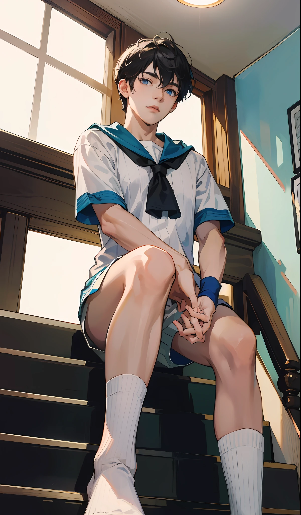 (absurdres, highres, ultra detailed),((masterpiece)), ((best quality:1.1)), High Resolution, 8k,1boy, (crotch bulge:1.1), shaded face, (white crew socks:1.1), (white ribbed socks:1.2), no-show socks, invisible socks, toes under socks, shorts,seamless socks, (puffy, (from below:1.1),
blue eyes, looking at viewer, short hair, facial, hand on knee, athlete,
seat on school staircase steps,anime style, indoors, look