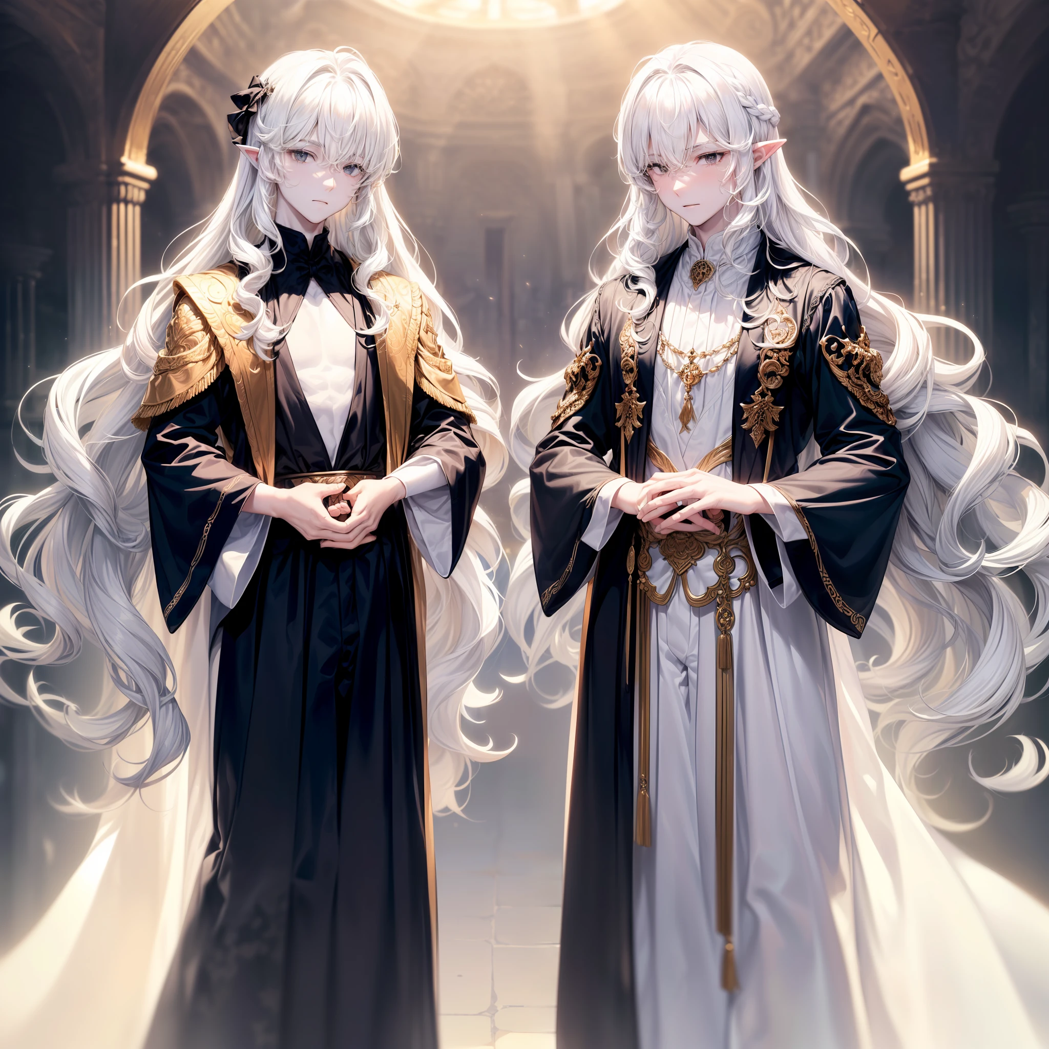 two teen age boys, (((twins))), ((they are identical twins)), (((male))), (slim body), (((flat chest))), ((pointy ears)), (((they both have white colored skin))), ((porcelain skin)), ((marble skin)), (((white-skinned))), (((white skin))), ((very pale skin)), (((black colored eyes))), (((black eyes))), ((their eye color is black)), (((their hair color is white))), (((their skin color is white))), (((both boys have white colored hair))), (((they both have white hair))), (((both boys have very long hair))), (((their hair is very long and wavy))), (((poofy hair))), (fluffy hair), (((wavy hair))), (((fantasy style))), (wearing long fantasy robes), (flowy robes), (long robe), (((they are the same height))), ((wearing similar clothes)), (matching robes), (gold colored lace), (christian inspired), ((fantasy patterns on clothes)), ((magical patterns)), warm light, inside a fantasy temple, ((both boys have identical hair)), (((both boys have identical faces))), ((the two boys look extremely similar)), covered up, stars decoration, sun moon decoration, (((both boys have white colored skin like marble))), (((both boys are white-skinned))), ((they both have cute faces)), they are smiling