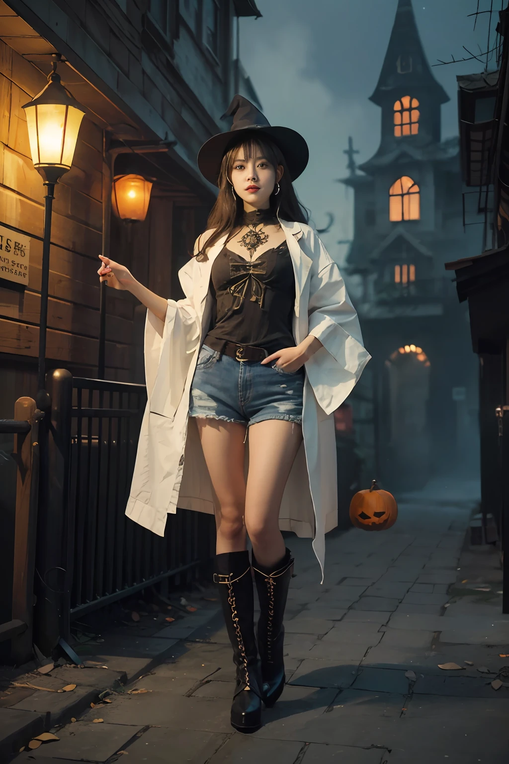 Ultra detailed, (Masterpiece:1.7), ((1girll)), Super detailed face, Detailed eyes, 二重まぶた, Slim Faces, shiny skins, nice leg line, (((Stand upright))), Wizard robes, Wizard's Hat, denim short, ((Halloween lantern in hand)), ((ssmile)), (32K:1.2), (upscaled:1.2), ((Best quality)), (Intricate details), (High contrast), All-encompassing intricacies, (Halloween late night), Mysterious and dark old street, octane, Moebius, gorgeous posture, art  stations, concept-art, Ambient, 8K resolution, Unreal Engine 5, rendering by octane, , (Detailed shadows), (Detailed lighting), , (dark shot:0.8), (Intricate details:1.0), (Intricate details, ultra - detailed:1.15), hdr, (At night:1.2), Atmospheric, Heavy fog, Dramaticlight, Cinematic, Sweet, Fantastic Big Eyes, Detailed face, dark western, Boots, analogue style, ShindoL