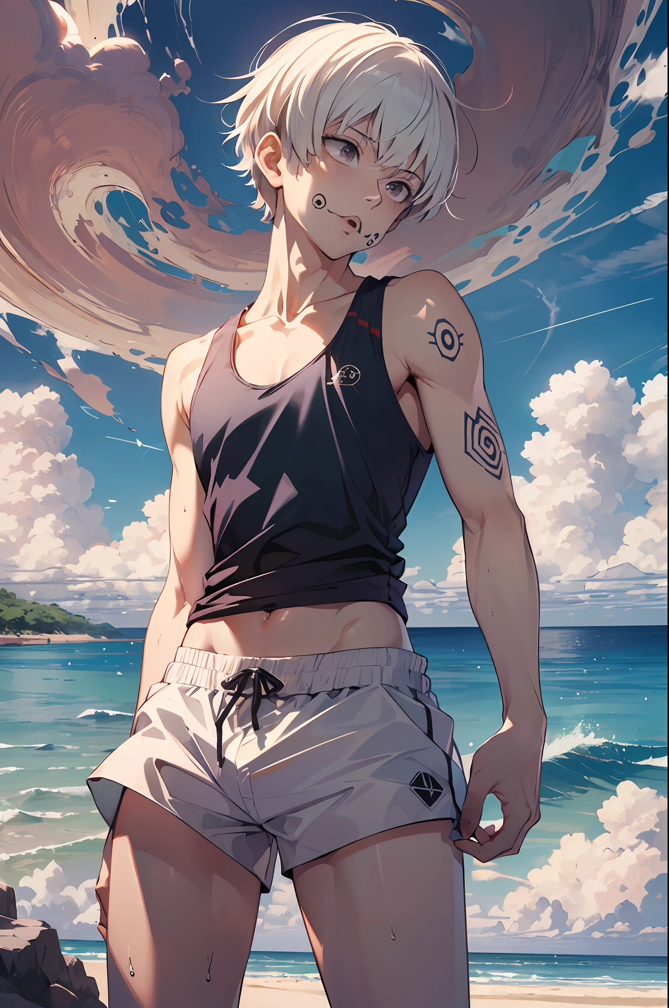(absurdres, highres, ultra detailed, HDR), masterpiece, best quality, 1boy, solo, handsome, short hair, ((inumaki toge)), ((facial tattoo)), white hair, closed mouth, ((tank top)), swim trunks, beach, clear sky and horizon, sunny, windy, from below