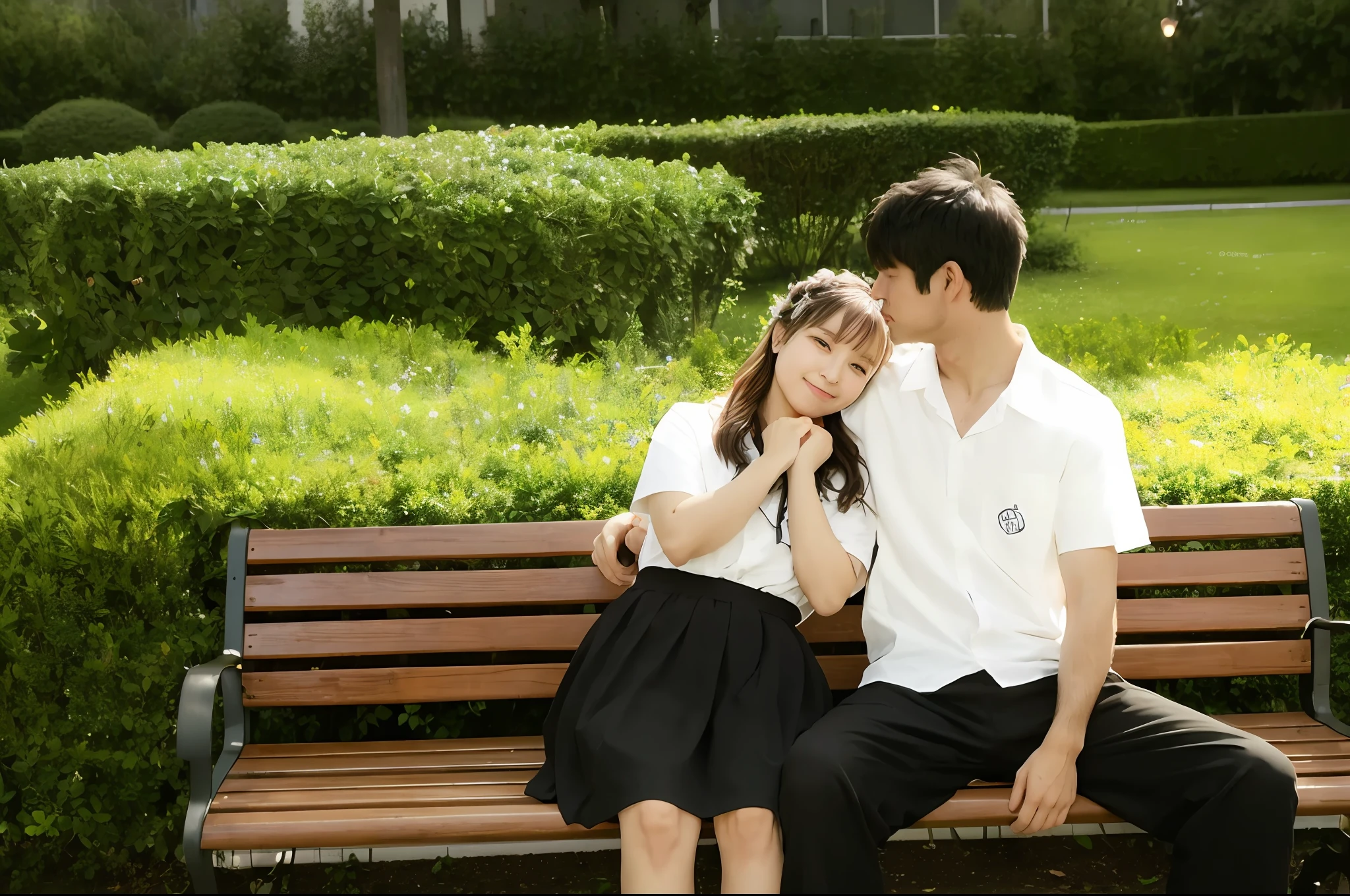 They sit on benches in the park，One is touching the other, taken with canon eos 5 d, taken with canon 8 0 d, cute couple, taken with a canon eos 5 d, taken with a canon eos 5d, taken with canon eos 5 d mark iv, adolable, Photo taken with Nikon D 7 5 0, promotional still