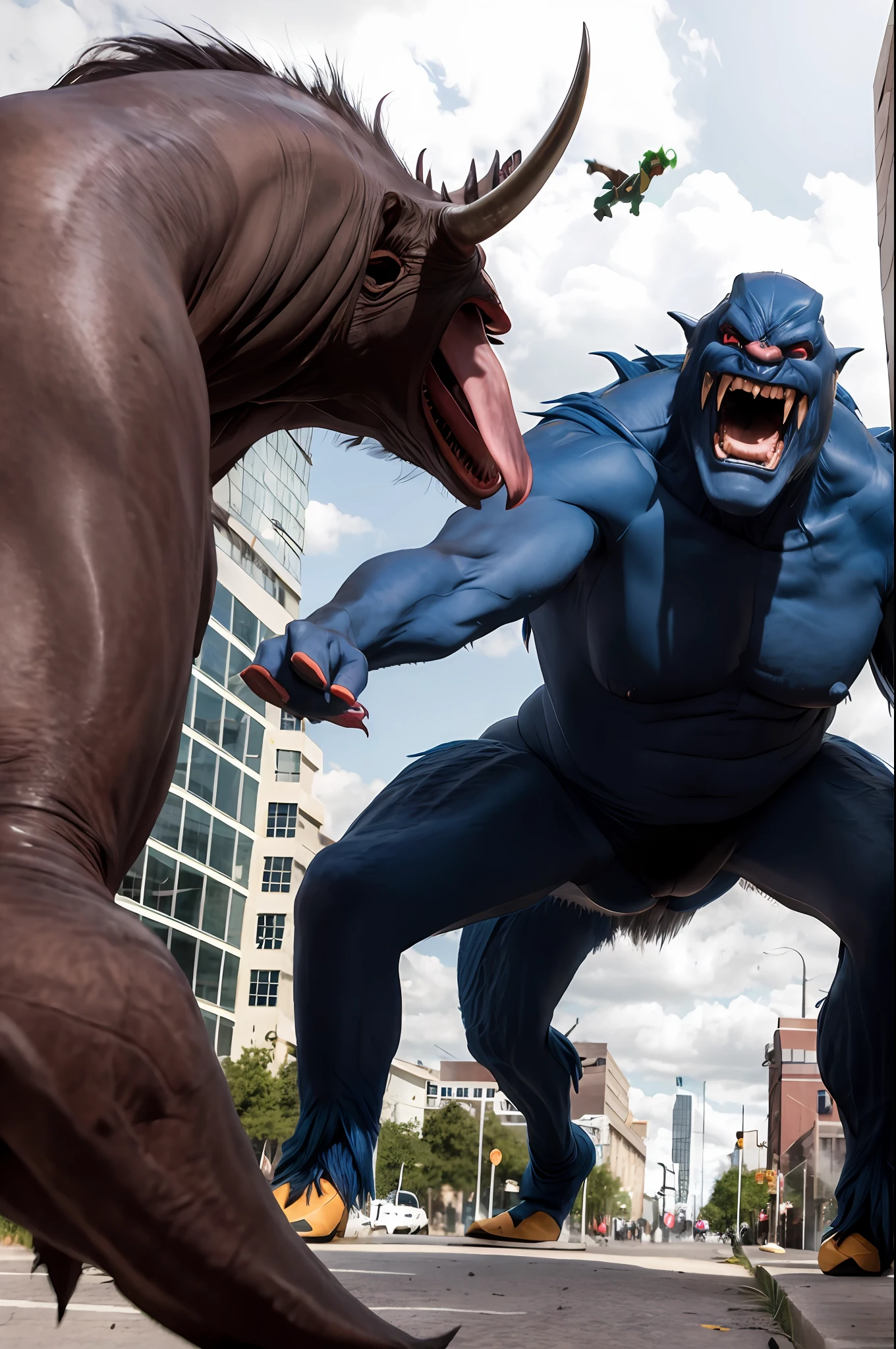 Heroes defeat huge monsters in the city
