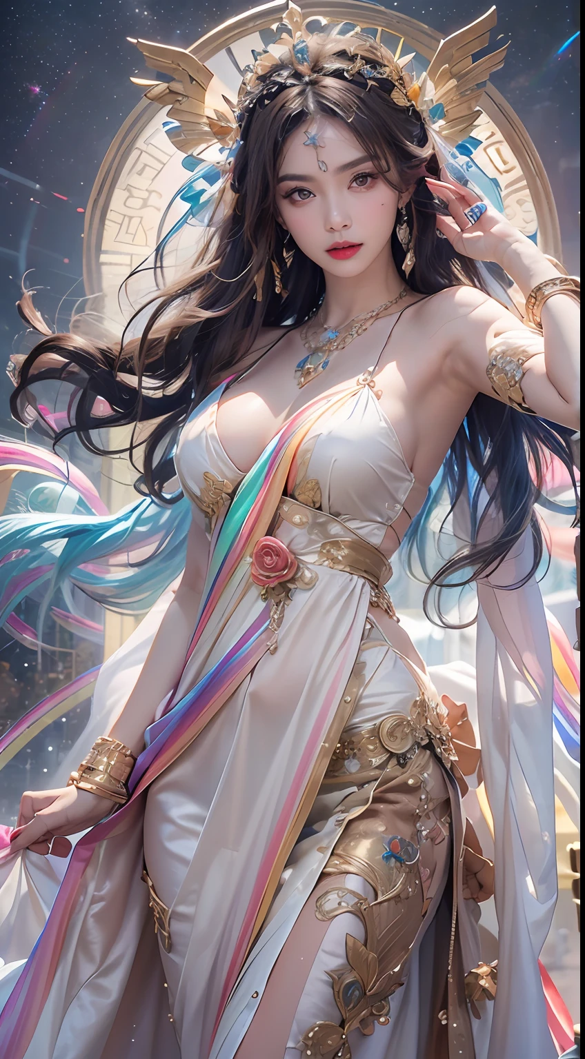 1 27-year-old girl, 1 athena goddess from the future, 12 zodiac goddess pink purple, athena goddess face sexy thin yellow nightgown, long thin nightgown 12 zodiac many limbs sexy black lace detail, mythical goddess of the athena from the future, zodiac ♏, luxurious glittering athena style, Dark and mysterious version, athena crown, lipstick red lips, thin and pretty lips, don't smile, Keep your mouth shut, characters created by karol bak and pino daeni, intricately details, Detailed background, Extremely detailed, Light magic, A woman, Clear face, looking at the upper body of the goddess of the athena, Round breasts, Big and round breasts, phoenix hair brooch, Long hair with bangs, (Long hair has 7 colors like a rainbow:1.9), beautiful detailed face and well-proportioned eyes, (transparent yellow eyes: 1.8), big round eyes and very beautiful and detailed makeup, Visionary, long silk nightgown, Mysterious makeup, bangle, side bangs and dye pale yellow, Upper body, (athena goddess upper body: 1.8), drooping arms, Realistic and vivid photo, (stars that make up athena: 1.7), ( sky athena and fictitious space and time portal: 1.8), fiction art, RAW photo, Hanfu photo, best photos, High_Nothing, Best quality, best photos, 8K quality, Ultra of 8K , surrealism, the most economical real photo, artistic portrait of athena signs, 1 symbol of athena signs behind, single portrait of athena goddess, Most realistic color scheme, best photo color, Masterpiece, hair adornments, necklace, jewelry, Beautiful face, Upper body, Tyndall effect, photograph realistic, Dark Studio, Border light, two tone light, (Detailed skin) High: 1.2), 8K  UHD, Digital SLR, Soft light, High quality, volumettic light, candid, Photo, high resolution, 4K quality, 8K, Bokeh, Smooth and sharp, pixel up 10 times, Charming athena goddess, sexy athena goddess, Extend your arms downwards,(background space: 1.8), (milky ways: 1.7), aurora, Lightning, (Aurorabackground: 1.8), Perfect eyes, photo of perfect eyes, be
