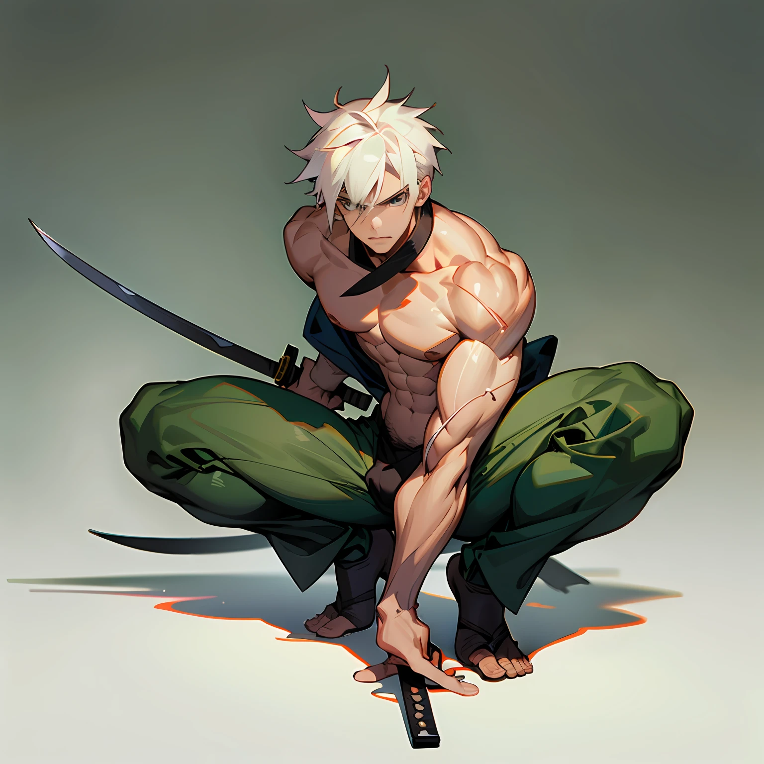 Highest accuracy,Muscular man wearing only tight trousers,half squatting,Shirtless,There are scars and camouflage on the body,Lower body erection,Lower body details,Thick pubic hair,The handsome face of youth,The expression is shy,Short white hair,Armed with a ninja long knife,The background is a Japanese-style building,Background details are exquisite,Ninja style