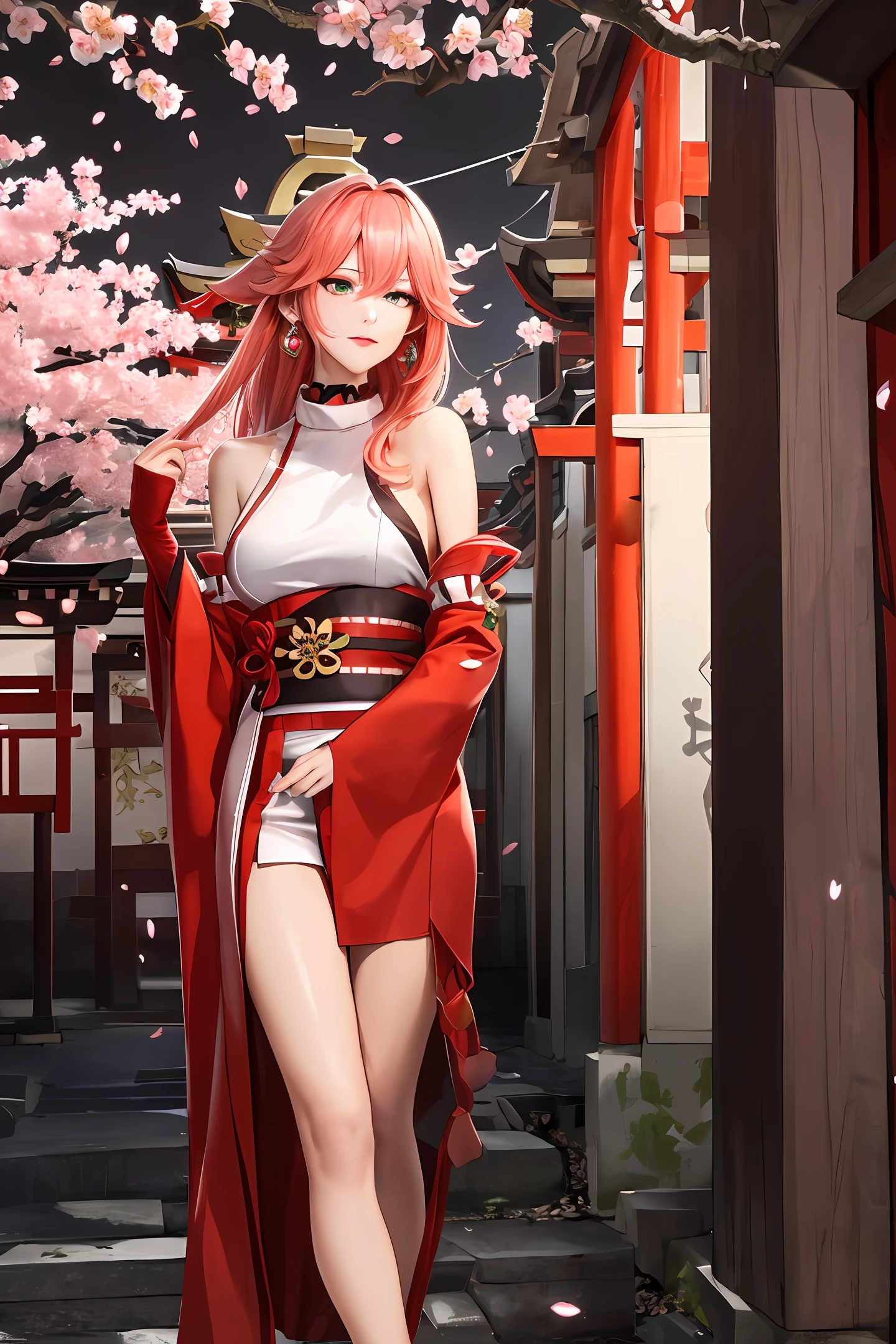 (Masterpiece, Excellent, 1girl, solo, complex details, color difference), realism, ((medium breath)), off-the-shoulders, big breasts, sexy, Yae Miko, long pink hair, red headdress, red highlight, hair above one eye, green eyes, earrings, sharp eyes, perfectly symmetrical figure, choker, neon shirt, open jacket, turtleneck sweater, against the wall, brick wall, graffiti, dim lighting, alley, looking at the audience, ((mean, seductive, charming)), ((cherry blossom background ))),((Japanese temple background)))), (((Glow-in-the-dark background)))