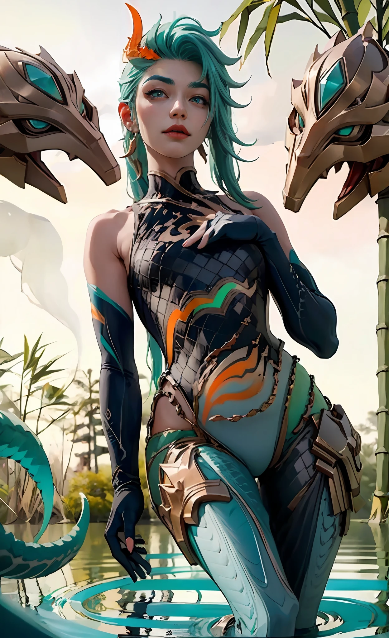 The tall girl put her hand on her chest, combat pose, BREAK, (Dark background, Bamboo forest), (Slim_thights:1.3), Average Breasts, Slender_thights, aqua hair, 1girl, 独奏, (Miniature body:1.4), generous cleavage, Posing, detailed anatomy, the perfect body, Detailed body, detailized face, Beautiful anatomical eyes. BREAK Kaisa Dragon Lagoon,  The BREAK is very detailed, Intricately detailed art, Artstation's Detailed Triadic Color Trend in Unreal Engine 5, 8K resolution, deviantart masterpiece.