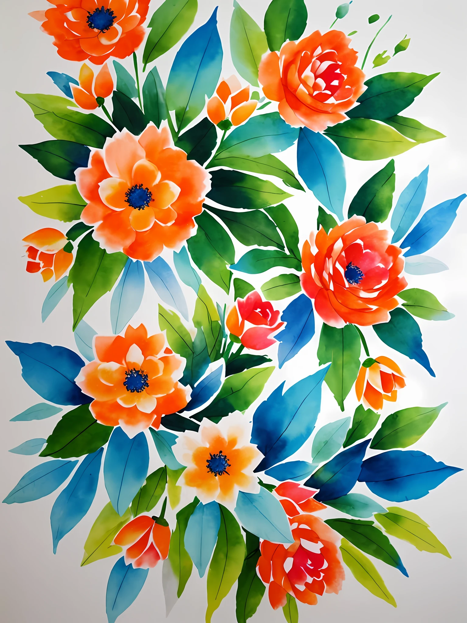 sobre fondo blanco, pinceladas suaves realistas y detalladas de acuarela, Flores de boda: rosas, eucalipto, Tema: boho color: naranja, burdeos, verde, azul Textura: romantic, Forma: ramo