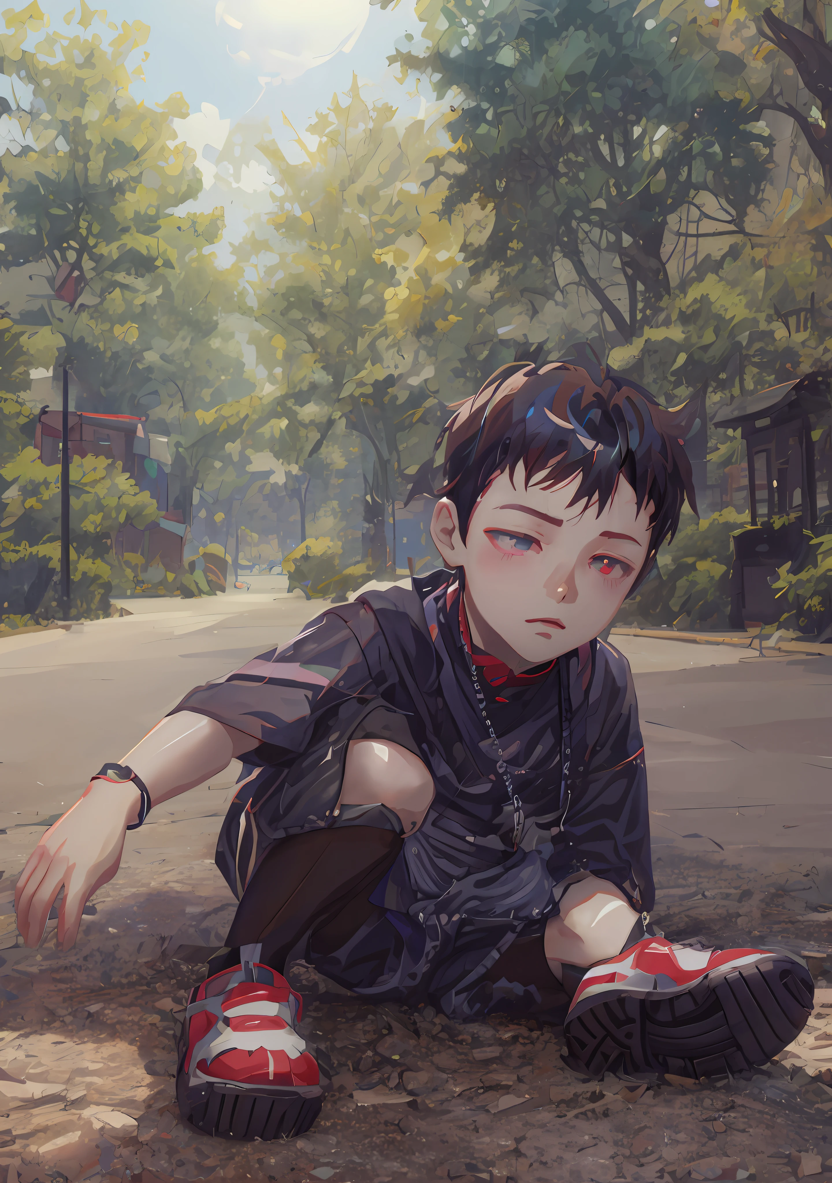 Anime boy sitting on the ground，with hands resting on knees，Guviz-style artwork，guweiz masterpiece，realistic anime 3D style，Anime style 4k，number art，realistic anime artstyle。