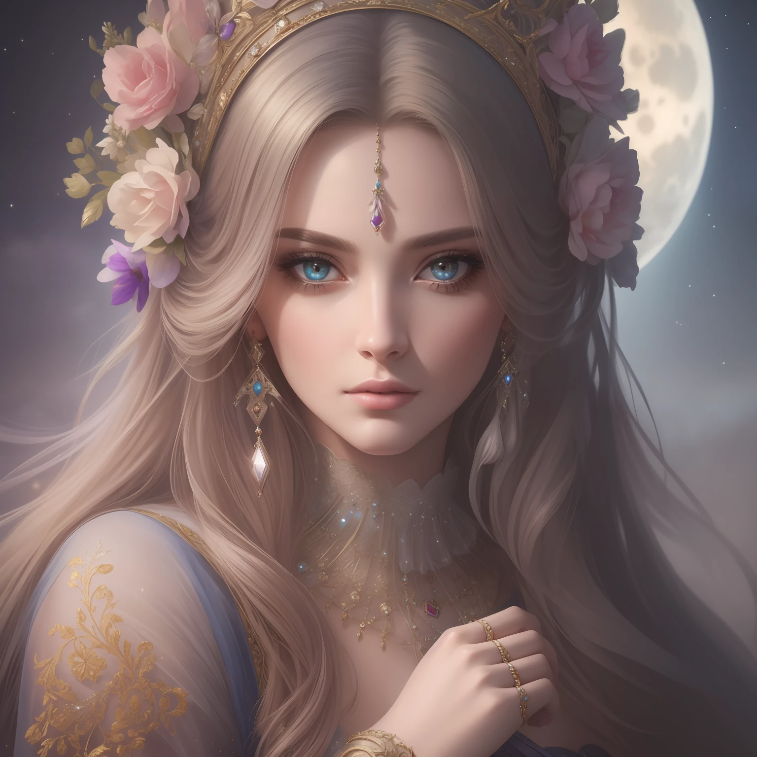 Realistic, (Masterpiece, Top Quality, Best Quality, Official Art, Beautiful and Aesthetic: 1.2), Very Detailed, she is a mystical princess, soft colored smoky atmosphere, glittering, full moonlight, detailed face, insanely detailed, cinematic, Unreal 5, elegant, ultra high quality model, hyper realism painting, digital art
