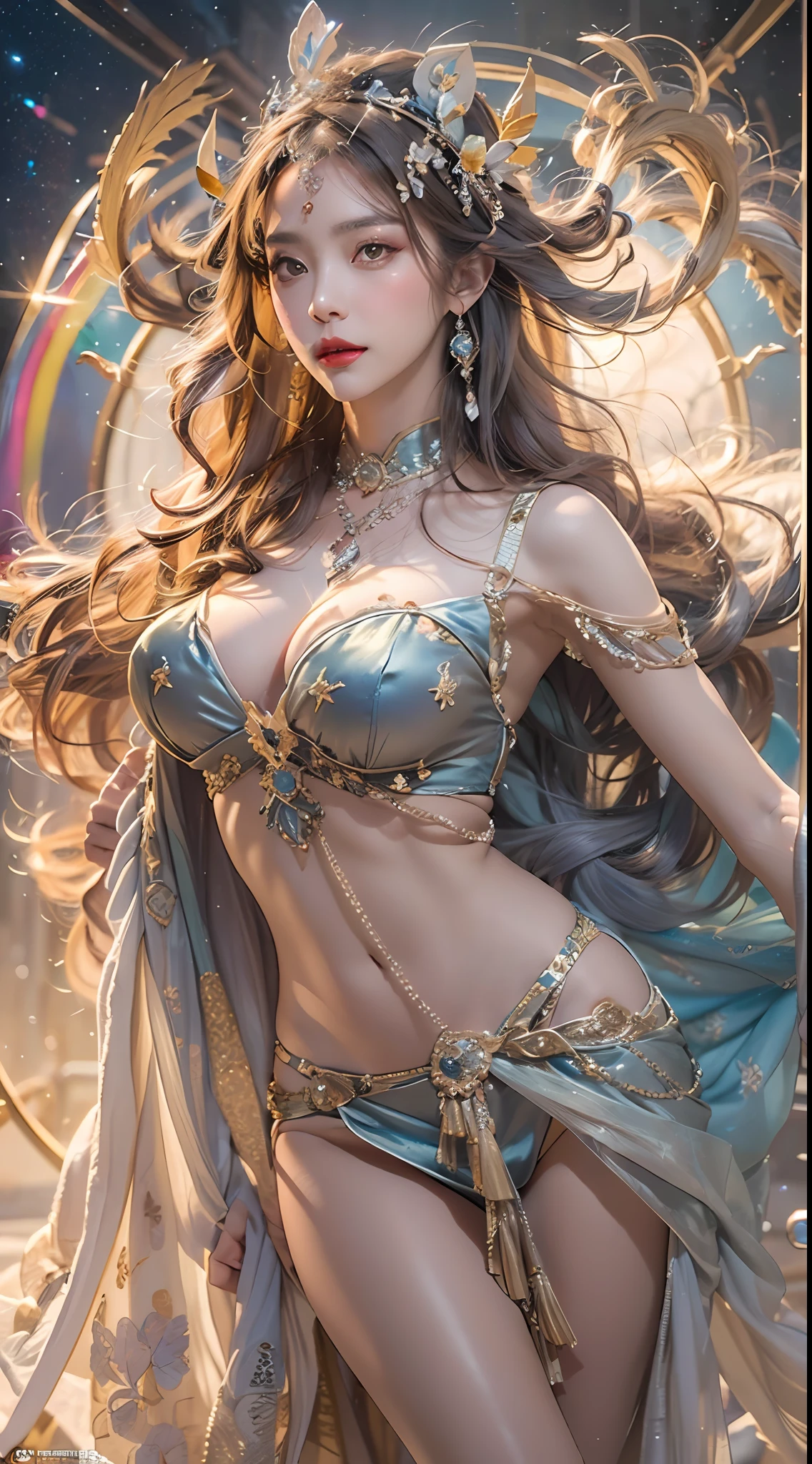 1 27-year-old girl, 1 athena goddess from the future, 12 zodiac goddess pink purple, athena goddess face sexy thin yellow nightgown, long thin nightgown 12 zodiac many limbs sexy black lace detail, mythical goddess of the athena from the future, zodiac ♏, luxurious glittering athena style, dark and mysterious version, athena crown, lipstick red lips, thin and pretty lips, don't smile, keep your mouth shut, characters created by karol bak and pino daeni, intricate detail, detailed background, extremely detailed, light magic, a woman, clear face, looking at the upper body of the goddess of the athena, round breasts, big and round breasts, phoenix hair brooch, long hair with bangs, (Long hair has 7 colors like rainbow:1.9), beautiful detailed face and well-proportioned eyes, (transparent yellow eyes: 1.8), big round eyes and very beautiful and detailed makeup, visionary, long silk nightgown, mysterious makeup, Bracelets, side bangs and dye pale yellow, upper body, (athena goddess upper body: 1.8), drooping arms, Realistic and vivid photo, (stars that make up the athena: 1.7), ( sky athena and fictitious space and time portal: 1.8), fiction art, RAW photo, hanfu photo, best photo, high_res, best quality, best photo, 8k quality, 8k ultra , surrealism, the most economical real photo, artistic portrait of athena signs, 1 symbol of athena signs behind, single portrait of athena goddess, The most realistic color scheme, best photo color, masterpiece, hair ornament, necklace, jewelry, Beautiful face, upper body, tyndall effect, photo realistic, dark studio, border light, two tone light, (detailed skin) high: 1.2), 8k uhd, dslr, soft light, high quality, volumetric light, candid, Photo, high resolution, 4k quality, 8k, Bokeh, Smooth and sharp, pixel up 10 times, Charming athena goddess, sexy athena goddess, arms stretched down,(background space: 1.8), (galaxy: 1.7), aurora, lightning, (Aurora Background: 1.8), perfect eyes, photo of perfect eyes, beautiful goddess and flowers,