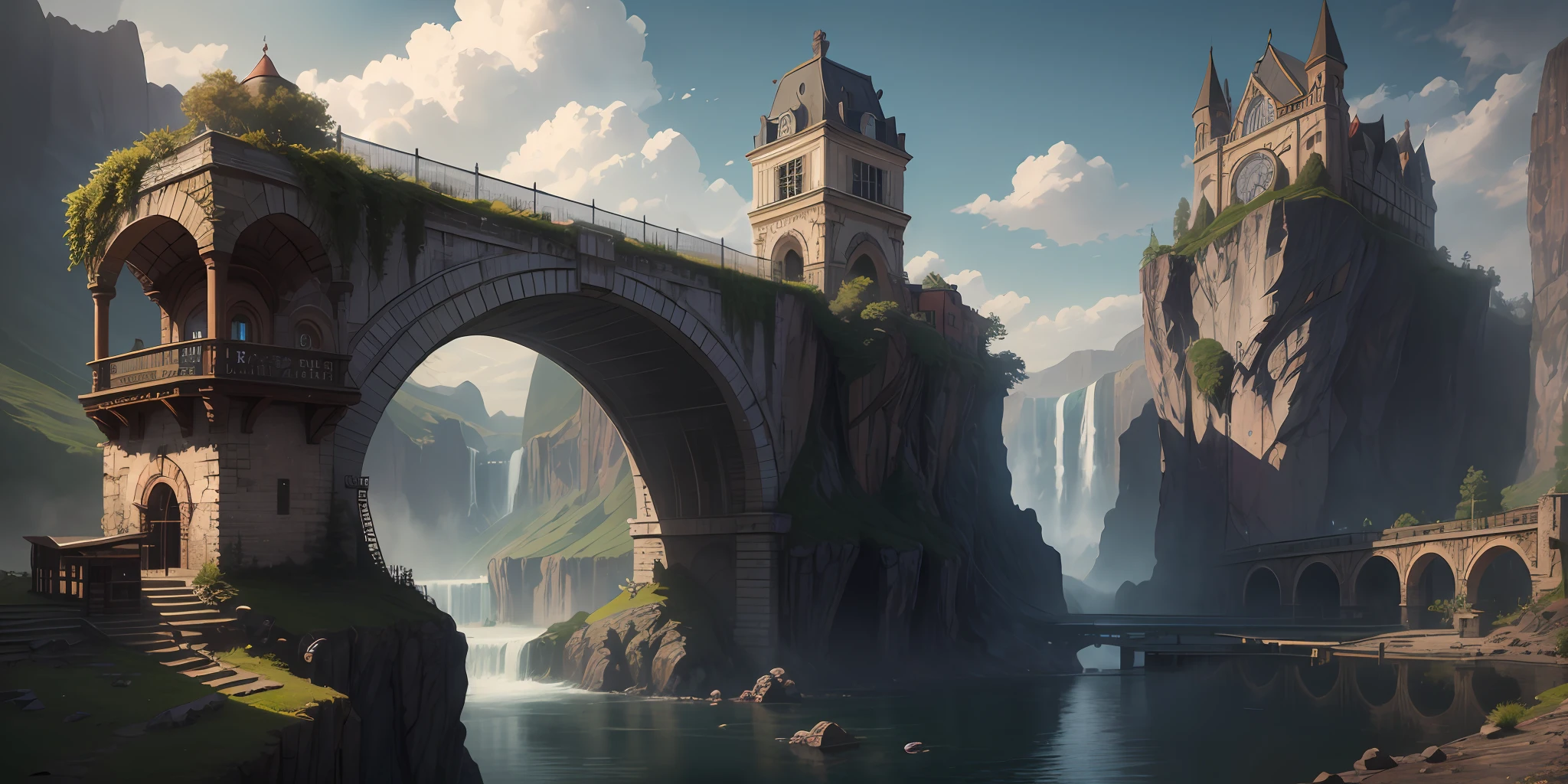 Small town with bridge, tower, waterfall, steampunk style, high detailed