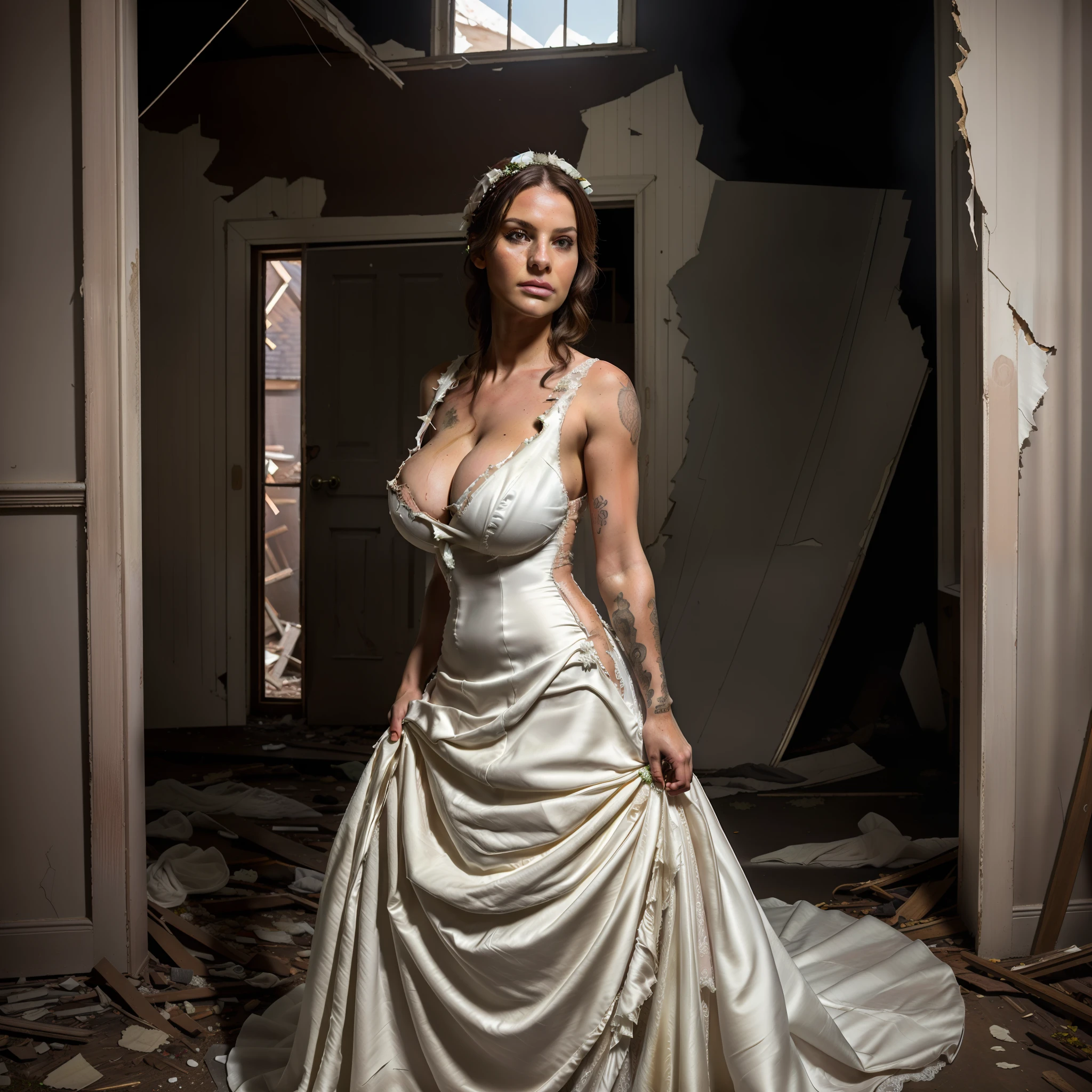 top-quality, masterpiece, 36K, very high res, hyper realistic photography, (((Full body shot))), 1girl in, perfect human shape, ((outfit: torn, Wedding dress)), Portrait, hyper detailed face, ultra realistic textures, (standing, Abandoned house), ultra huge cleavage, Shaved armpits exposed, (Beautiful sexy bride),
