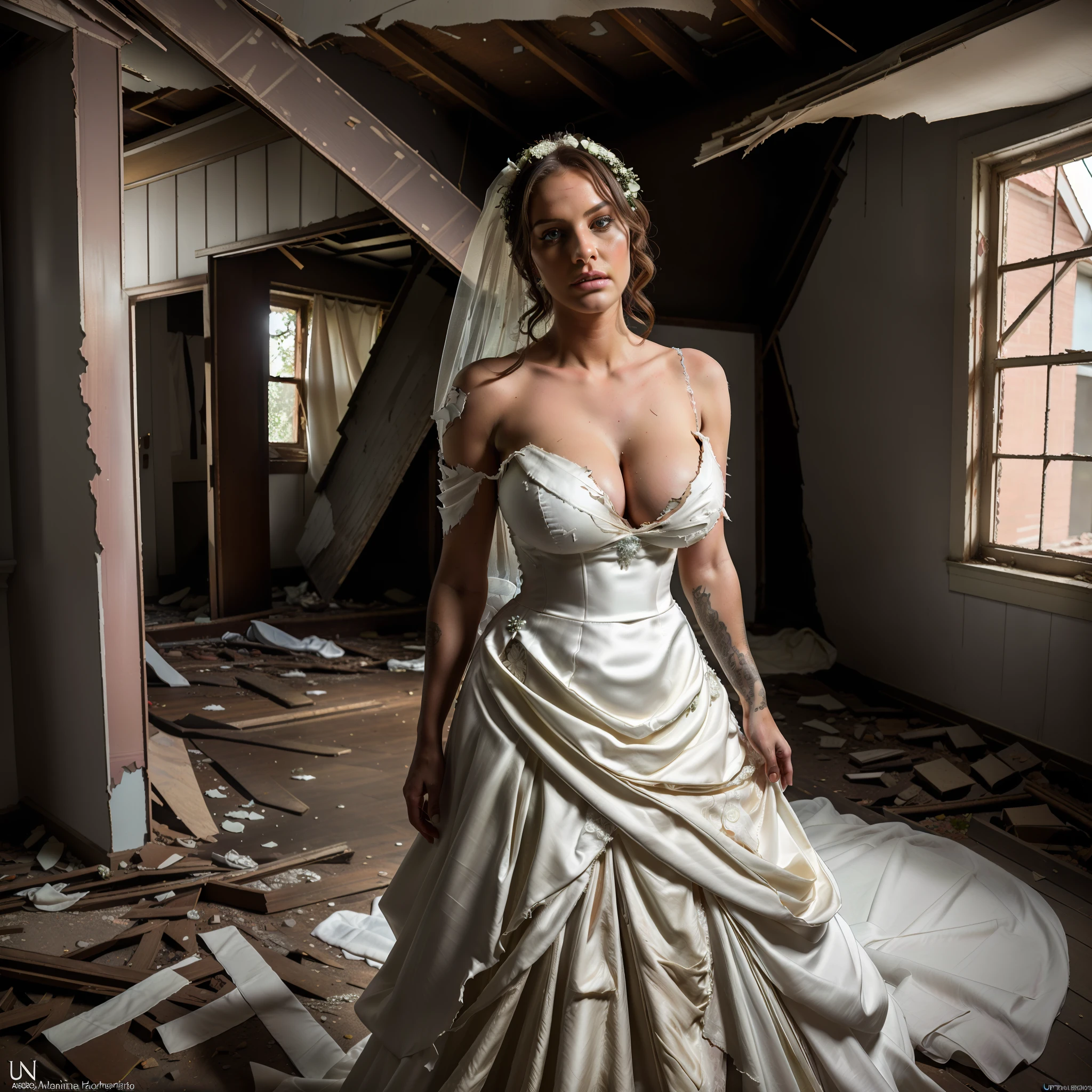 top-quality, masterpiece, 36K, very high res, hyper realistic photography, (((Full body shot))), 1girl in, perfect human shape, ((outfit: torn, Wedding dress)), Portrait, hyper detailed face, ultra realistic textures, (standing, Abandoned house), ultra huge cleavage, Shaved armpits exposed, (Beautiful sexy bride),