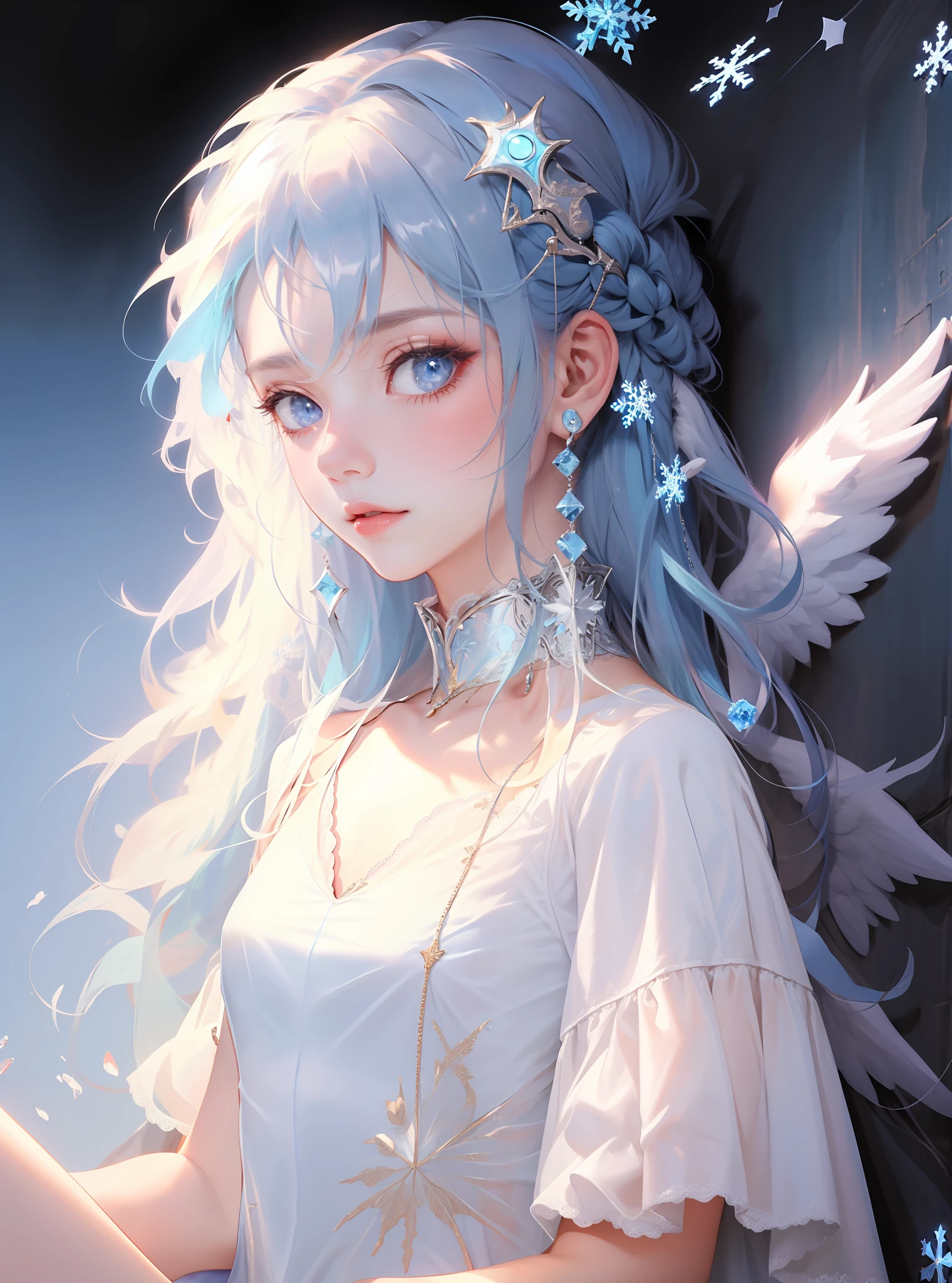1girll，Genie style，blue hairs，a ball head，（ssmile：0.98），Cute Genie style，Deep V-neck sexy dress，Opaque clothes，Modern and trendy clothing，DEEP-V COLLAR，Lace，Sexy clothes，Best picture quality，Top masterpiece，High- sharpness，8 k wallpaper，flatchest，A few blue snowflakes hang from the head，Blue snowflakes，Chest dysplasia，The chest is super small，white backgrounid，The protagonist occupies the proportion of the picture: 0.6，Angel Ring，Sit by the wall