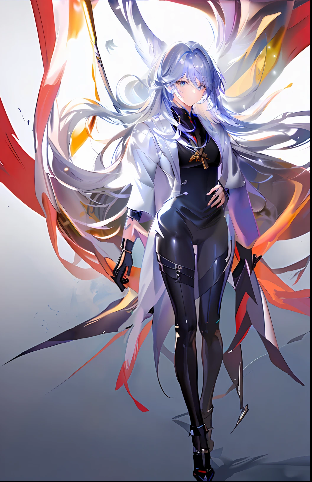 Beautiful girl in black leather pants and black leather high heels,White color hair,Ultimate detail,Big Curve Girl,Correct raycasting and shadows,White and gold interlaced background,High quality details,Anime girl posing for photos, white-haired god,Best anime 4k konachan wallpaper,high detailed official artwork, Anime art wallpaper 8 K, Portrait Chevaliers du Zodiaque Fille, Anime art wallpaper 4 K,Same material