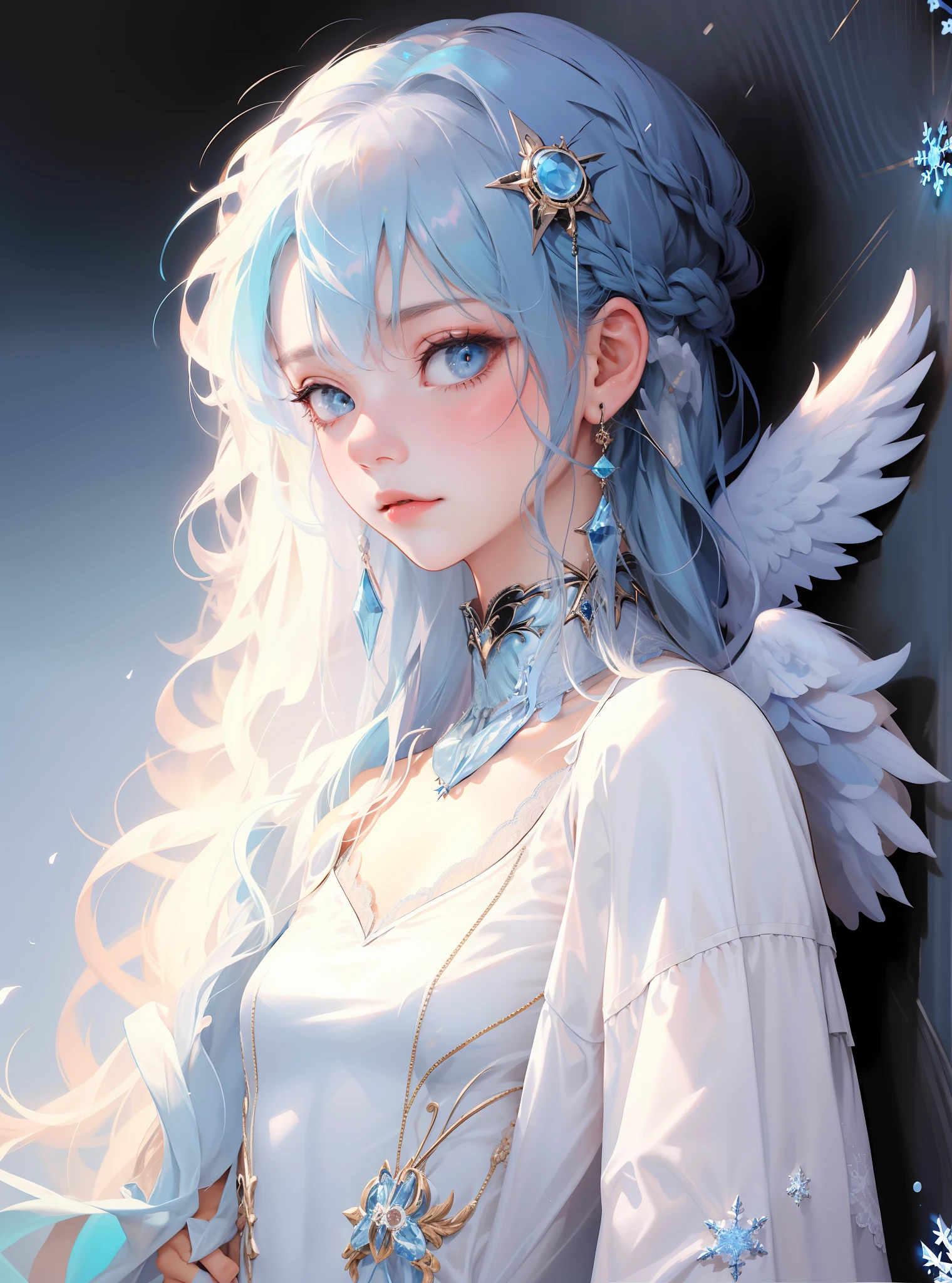 1girll,Genie style,blue hairs,a ball head,(ssmile:0.98),Cute Genie style,Deep V-neck sexy dress,Opaque clothes,Modern and trendy clothing,DEEP-V COLLAR,Lace,Sexy clothes,Best picture quality,Top masterpiece,High- sharpness,8 k wallpaper,flatchest,A few blue snowflakes hang from the head,Blue snowflakes,Chest dysplasia,The chest is super small,white backgrounid,The protagonist occupies the proportion of the picture: 0.6,Angel Ring,Sit by the wall