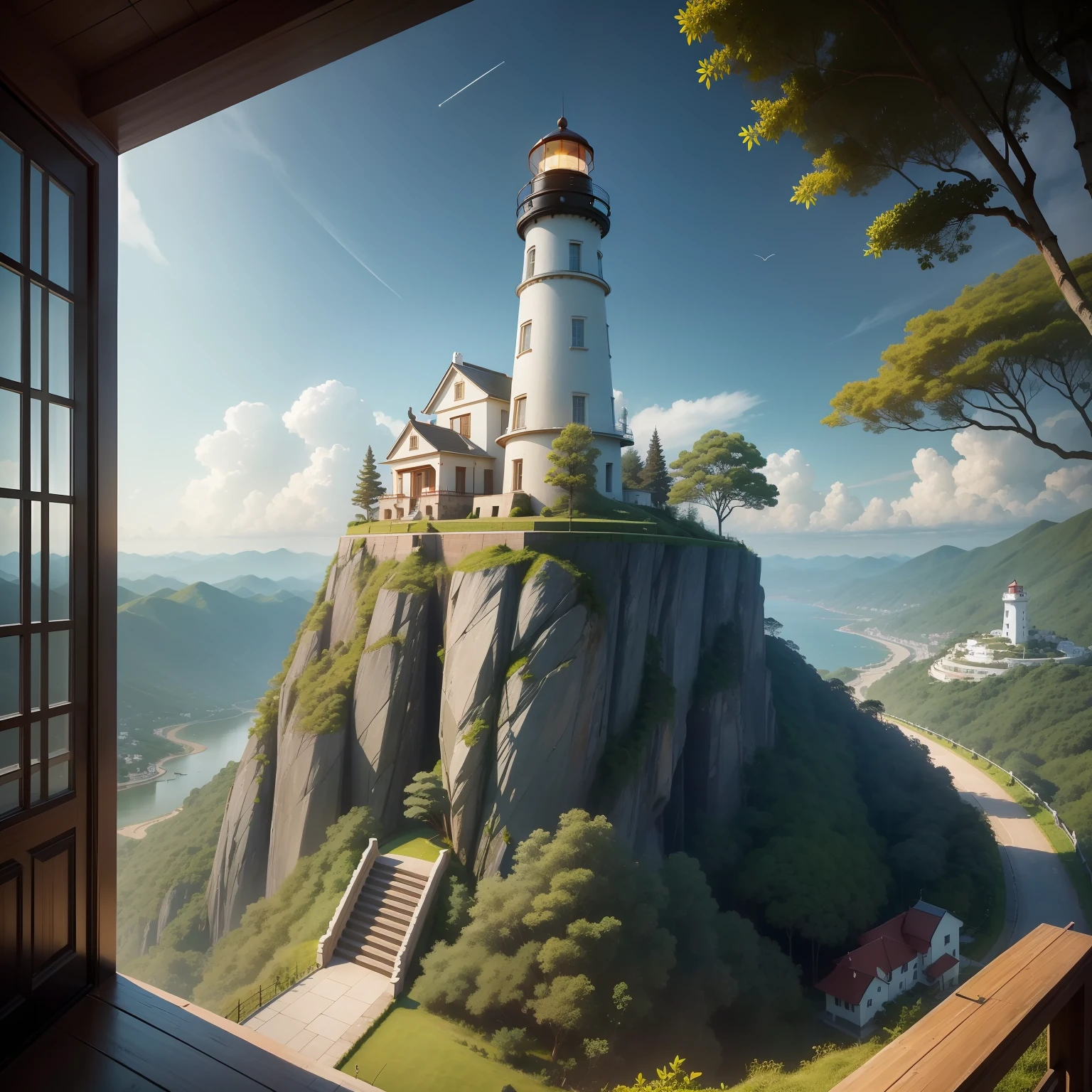 A lighthouse towering over a hilltop,starrysky,blue-sky,baiyun,The hillside is overgrown with trees,bamboo forrest,Observation deck,Glass perimeter,lawns --auto