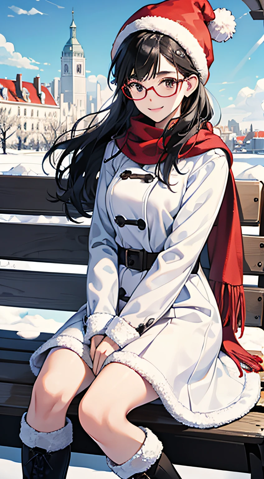 Young 19 years old，girl, black hair，Shoulder length，black eyes，big black frame glasses, Cheerful expression，Vibrant, saturated hues，wearing soft and thick white winter clothes, over knee boots, red fur hat, fur scarf, red fur gloves, sitting on the bench, sunshine, garden, blue sky with white cloud, snow on the buildings far away, winter, depth of field