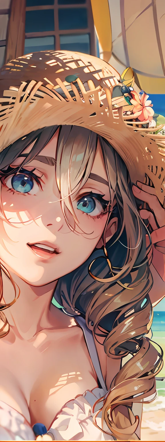Uma personagem feminina,Royal sister,比基尼,Sunnyday,sandbeach,beachside,beach umbrella,Sit on your knees,Wear a straw hat on your head,Hands naturally resting on your legs,Carrying a handbag in his hand,Eyes look into the distance(Eye refinement),with long coiled hair,