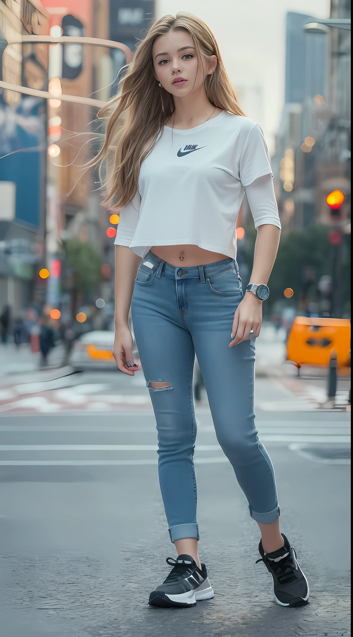 New York City main street background, full body shot, rosy skin, 1 girl is 18 years old, beautiful face, white middle sleeve T-shirt of midriff peek, tight jeans, barefoot with black color Nike shoes, black wristwatch, blond and little black medium hair, wavy hair, deep blue eyes, extremely photo, model pose,