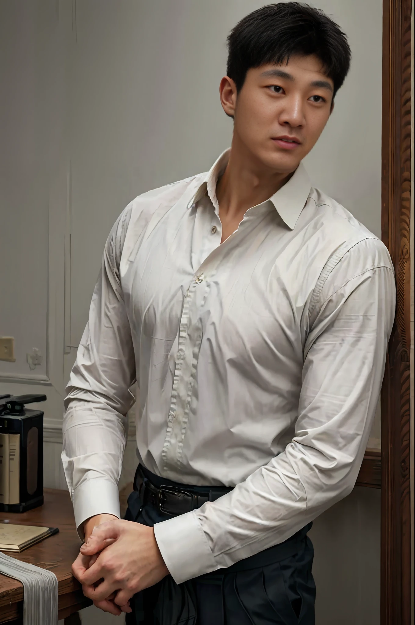 1man, a 25-year-old muscular man, wears a long-sleeved white shirt and tie, bodice, soft lighting, masterpiece, best quality, 8k ultra HD, DSLR camera, film grain, Midjourney and greg rutkowski's Fujifilm XT3 realistic painting art