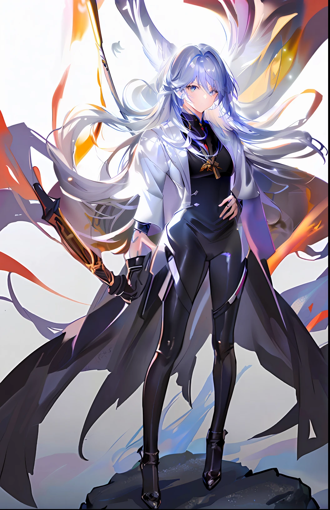 Beautiful girl in black leather pants and black leather high heels，White color hair，Ultimate detail，Big Curve Girl，Correct raycasting and shadows，White and gold interlaced background，High quality details，Anime girl posing for photos, white-haired god，Best anime 4k konachan wallpaper，high detailed official artwork, Anime art wallpaper 8 K, Portrait Chevaliers du Zodiaque Fille, Anime art wallpaper 4 K，Same material