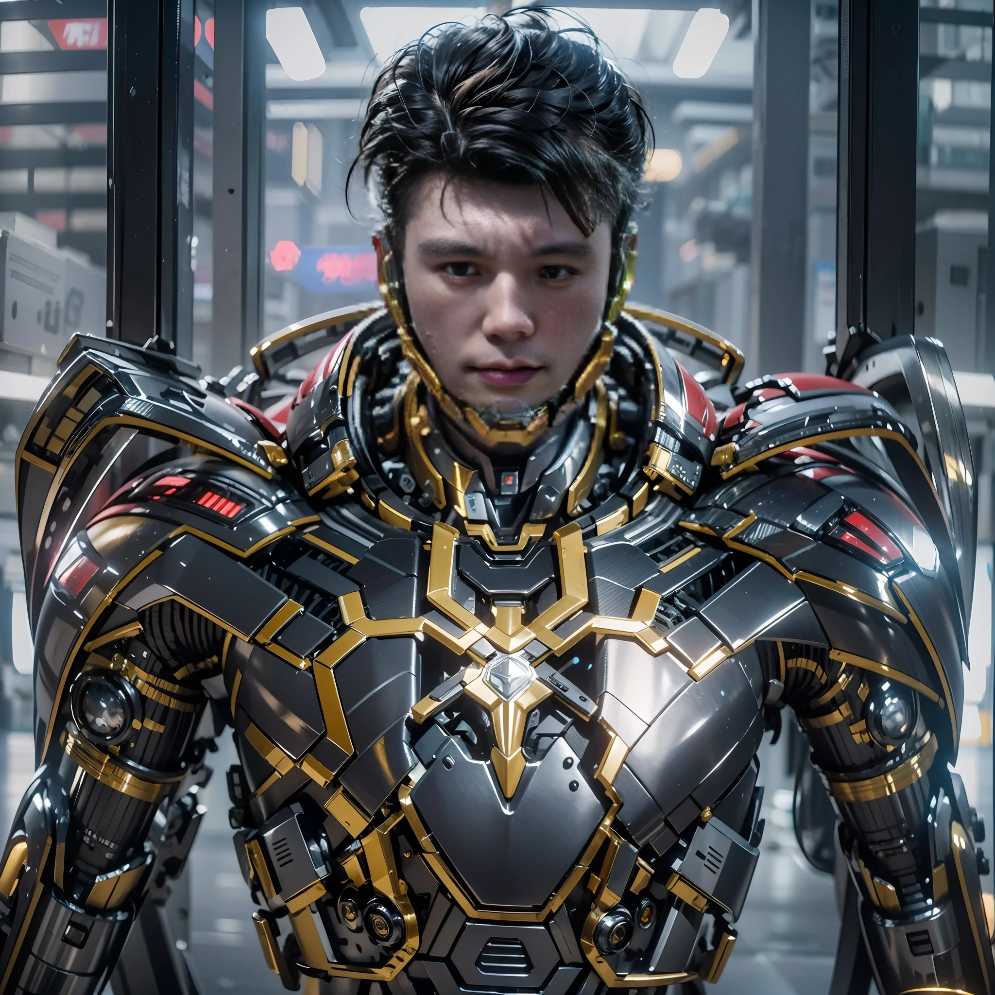 1boy ，Perfect facial features，Handsome face，Put on a metal mech in Spider-Man-style，Machinary，Mecha，Photorealsitic，metalictexture，Metal armor，eyes looking at the lens，best qualtiy，c4d渲染，rendering by octane，Cinematic quality，tmasterpiece，16k