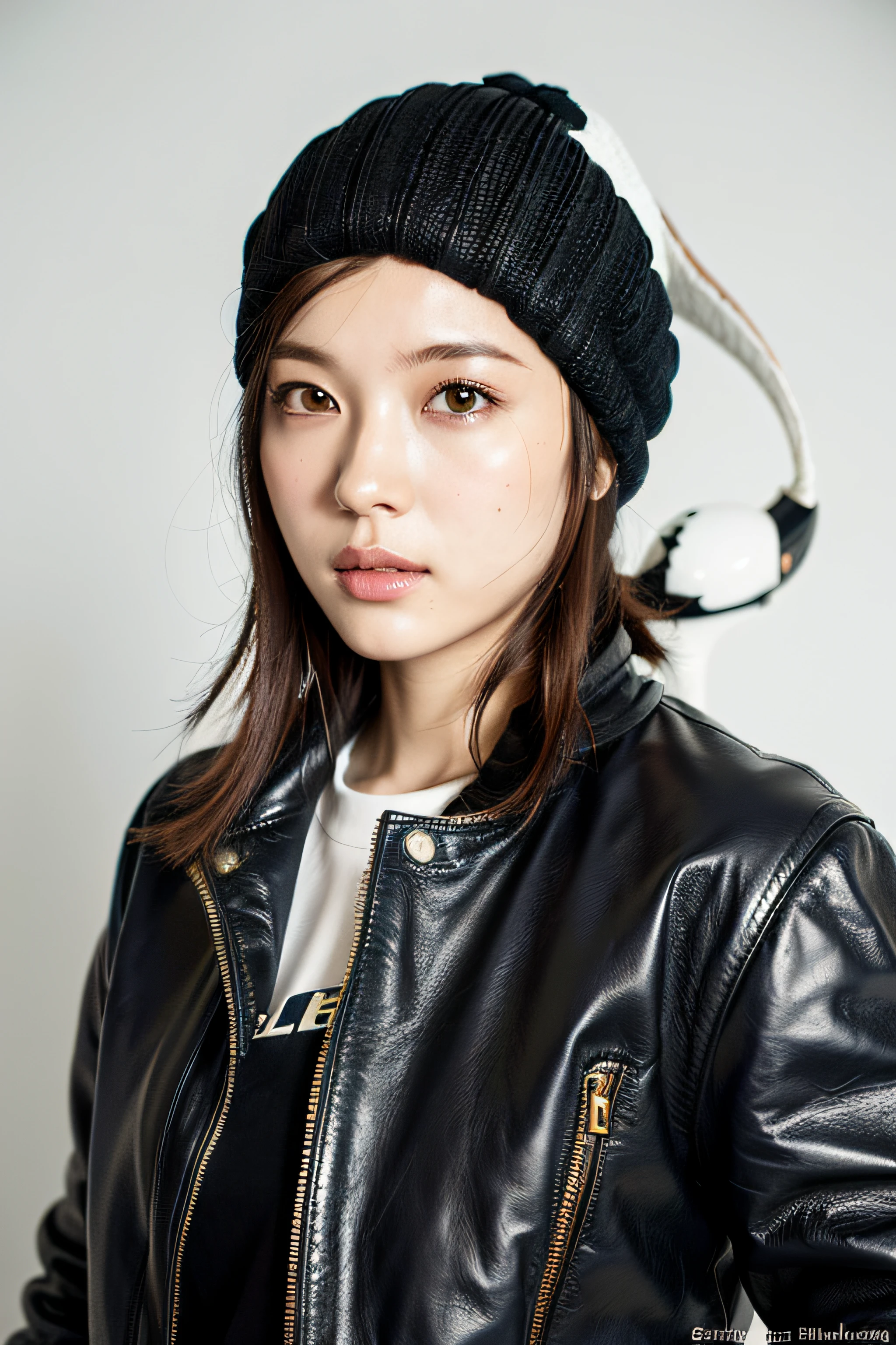 (
(8k:1.27), best quality, masterpiece, ultra highres:1.2) Photo of Pretty Japanese woman
(beautiful:1.1) (sci-fi warrior woman:1.1) space soldier, (beanie:1.61) (leather jacket:1.21) intricate elegant, fantasy, detailed, ometric by greg rutkowski and alphonse mucha, gradient lighting