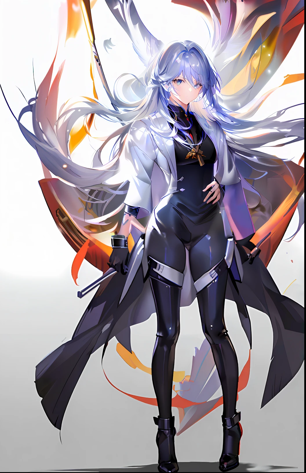 Beautiful girl in black leather pants and black leather high heels,White color hair,Ultimate detail,Big Curve Girl,Correct raycasting and shadows,White and gold interlaced background,High quality details,Anime girl posing for photos, white-haired god,Best anime 4k konachan wallpaper,high detailed official artwork, Anime art wallpaper 8 K, Portrait Chevaliers du Zodiaque Fille, Anime art wallpaper 4 K,Same material