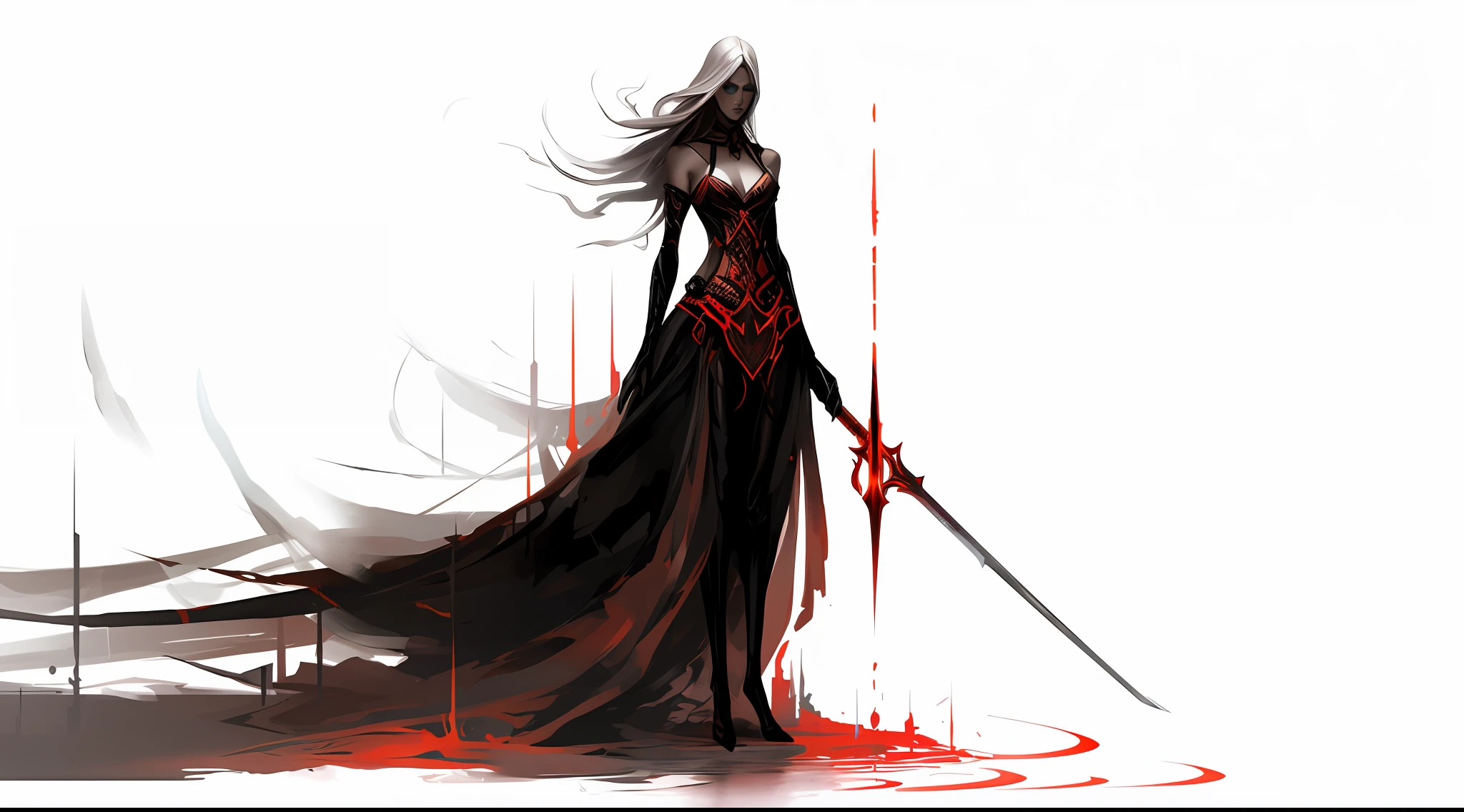 um close up de uma mulher em um vestido longo segurando uma espada, arte de estilo fantasia escura, design de personagens de fantasia sombria, Mulher guerreira vampira, epic exquisite character art, Bloody + arte conceitual, cavaleiro de sangue, assassina feminina, assassina feminina bonita, monochrome and red color bleed, arte de personagem impressionante, epic fantasy character art, arte de fantasia sombria, arte conceitual de fantasia sombria